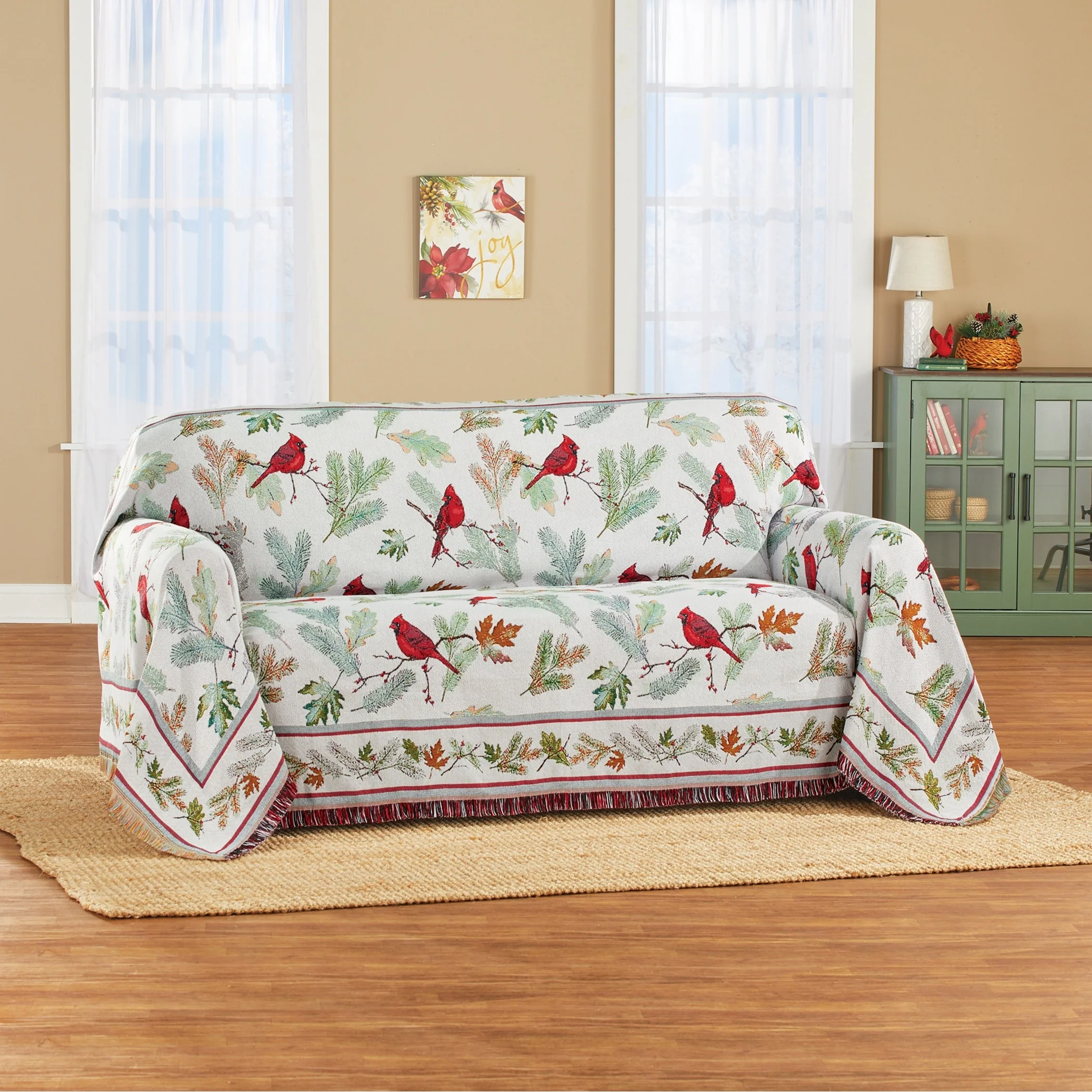 Cardinal and Leaf Fringe Border Tapestry Furniture Throw - Loveseat