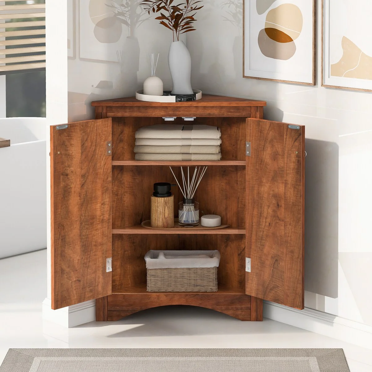 Triangle Bathroom Storage Cabinet with Adjustable Shelves,Freestanding Floor Cabinet for Home Kitchen