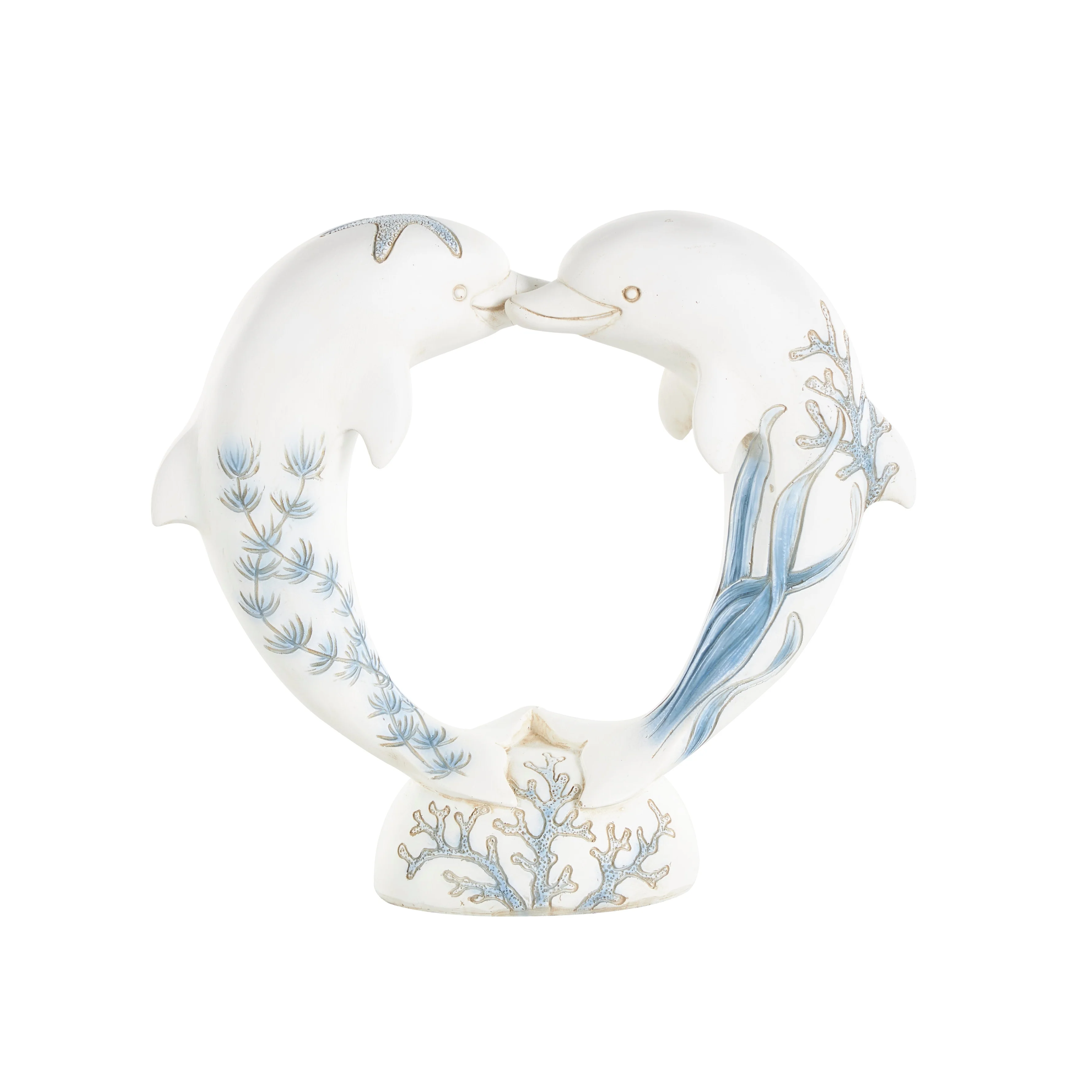 White Polystone Heart Shaped Dolphin Decorative Sculpture with Blue Coral Patterns