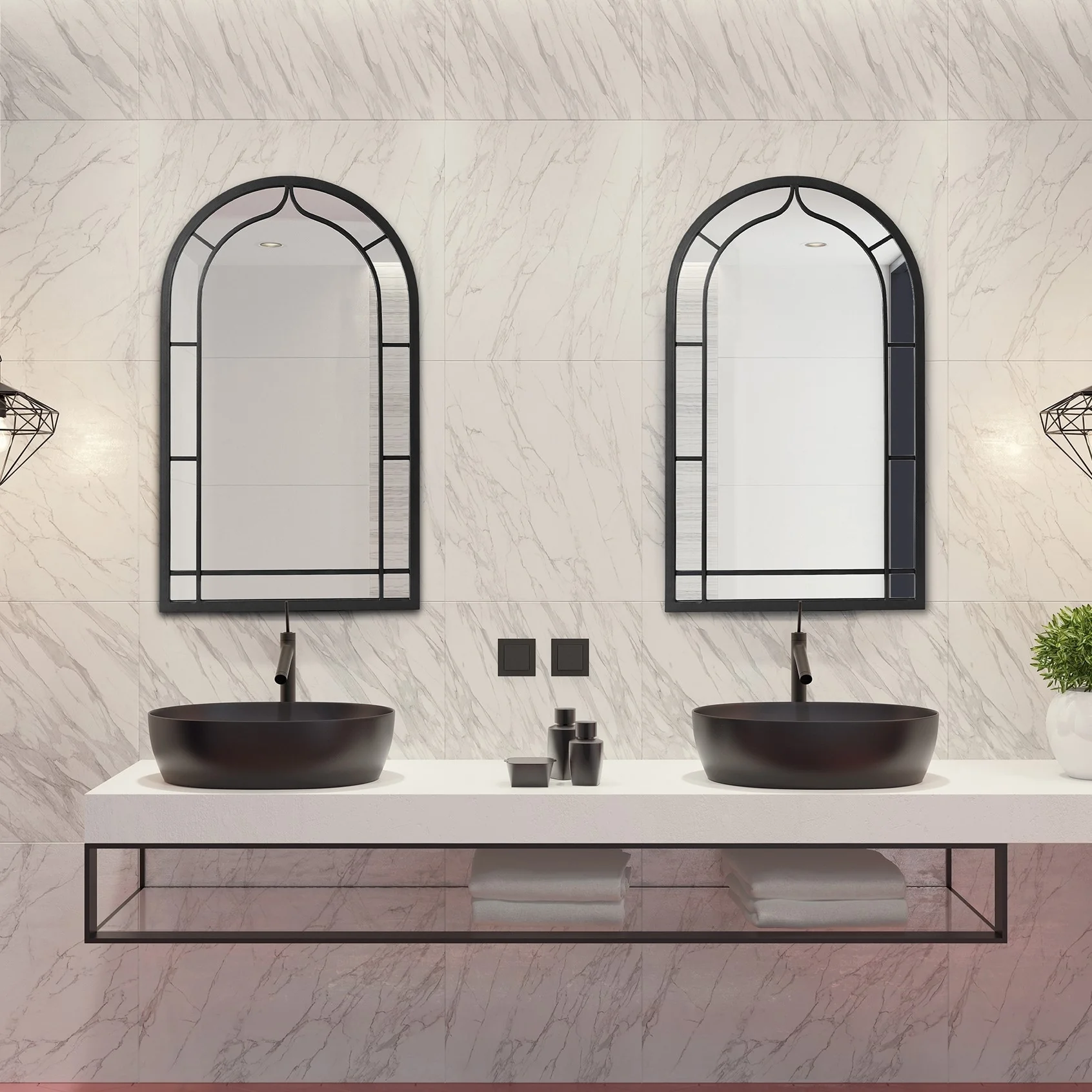 Glitzhome Set of 2 Oversized Black Metal/Glass Arched Wall Mirrors Home Decor - 20