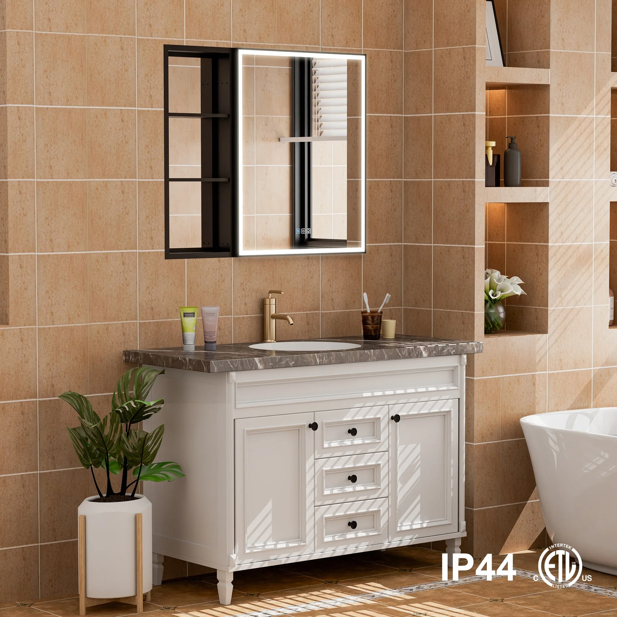 30 in. H Recessed or Surface Wall Mounted LED Mirror Cabinet With Black Side Cabinet