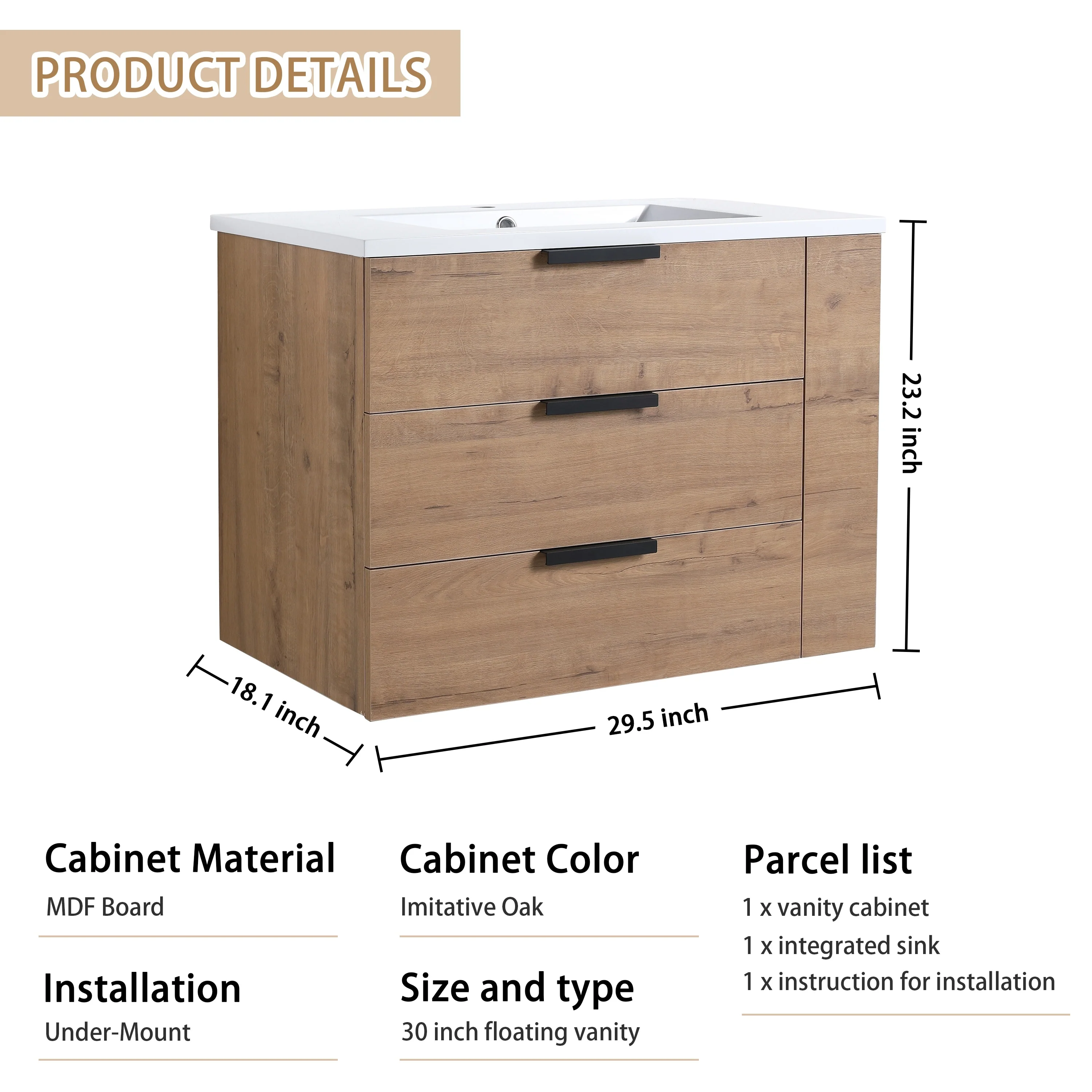 Beingnext 30''/36'' Single Sink Floating Bathroom Vanity with Soft Close Drawer and Adjustable Shelf