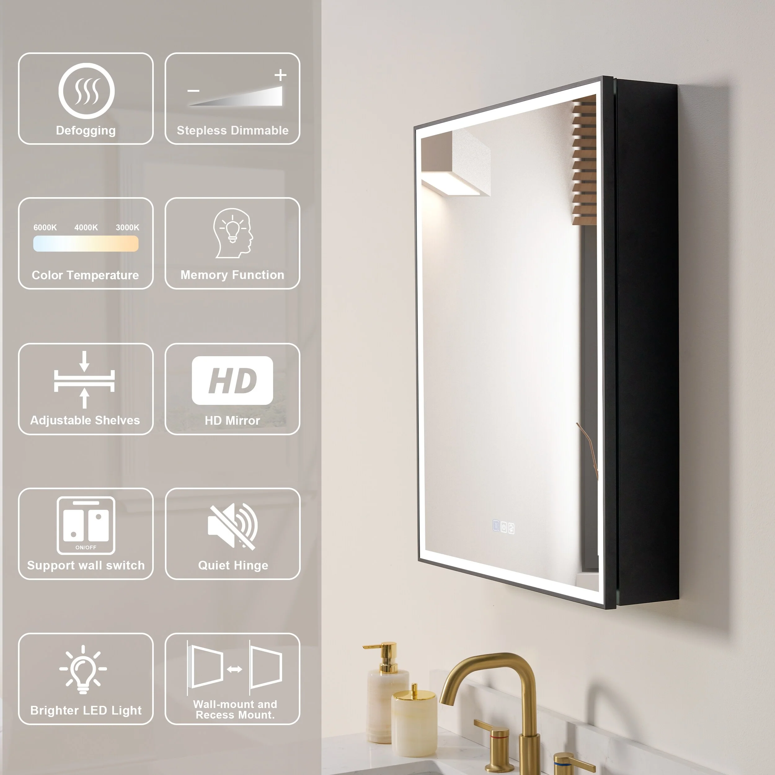 30'' H Recessed Or Surface Wall Mounted LED Mirror Cabinet With Mirror And Adjustable Shelves,Black Frame