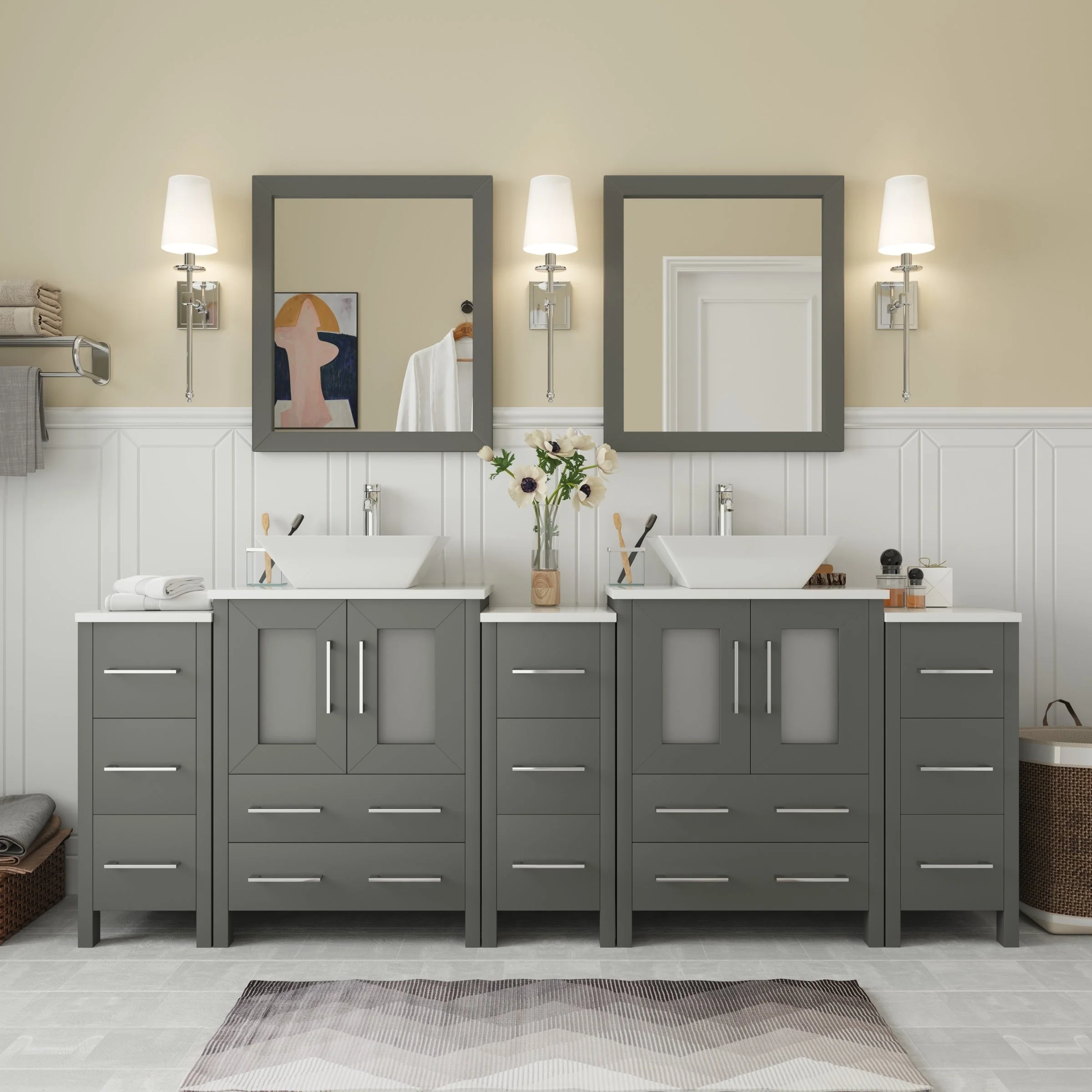 Vanity Art 84-Inch Double Sink Bathroom Vanity Set with Engineered Marble Top and Free Mirror - 84 W X 18.5 D X 31.1 H