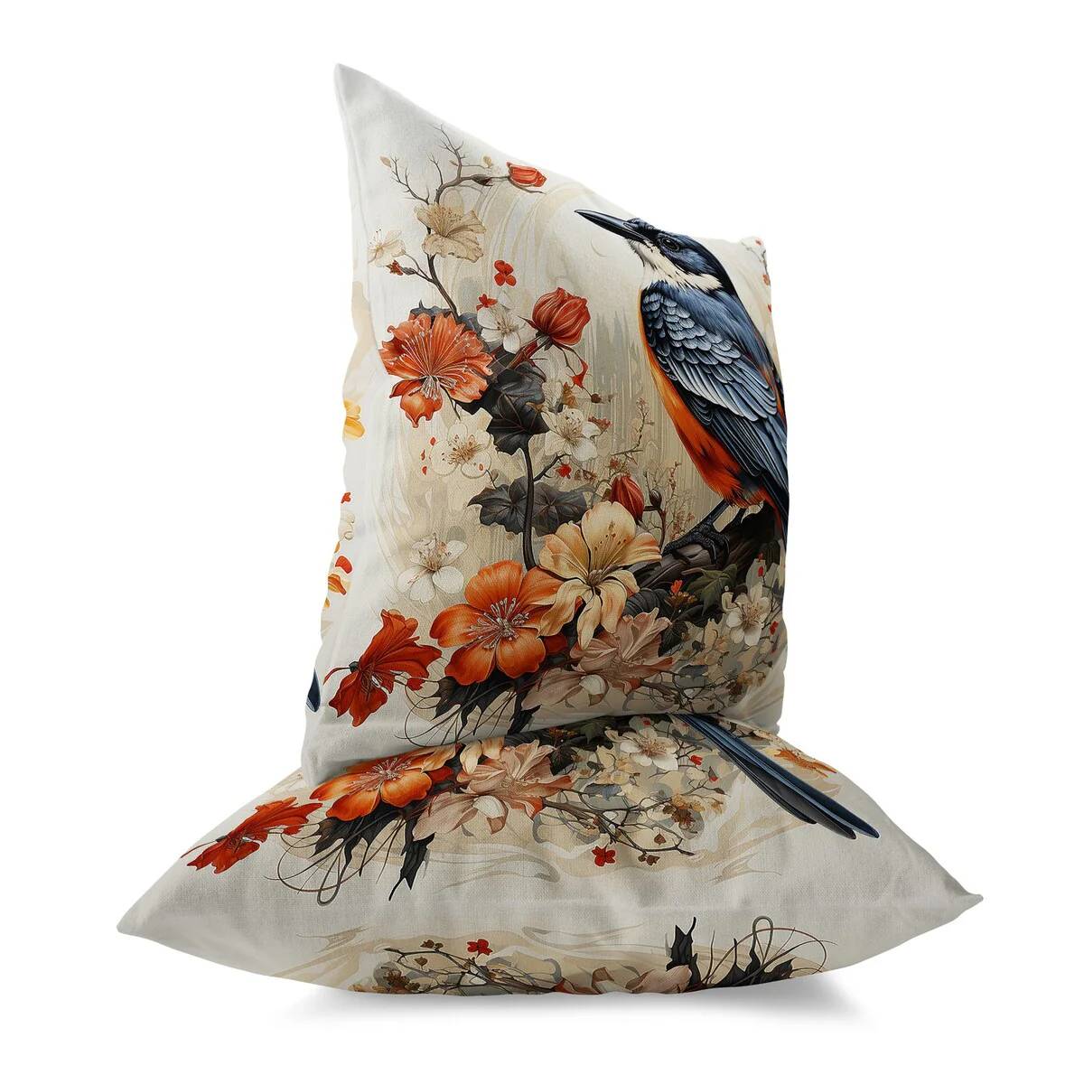Orange And Blue Feathered Floralscapes Indoor/Outdoor Throw Pillow Zipper