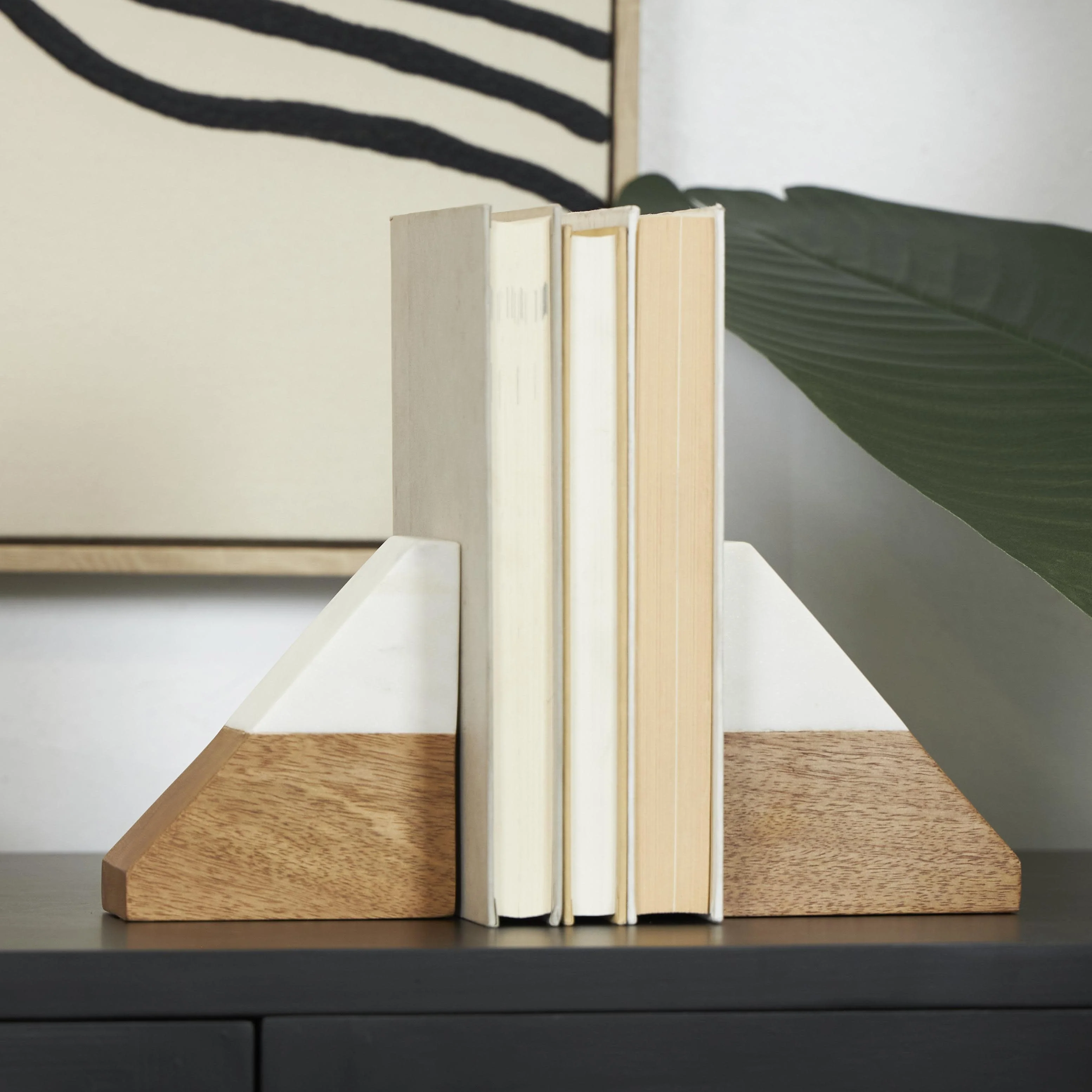 Mango Wood Geometric Triangle 3 lbs Decorative Bookends with White Marble Tops - Set of 2 Brown - Roche River Decor