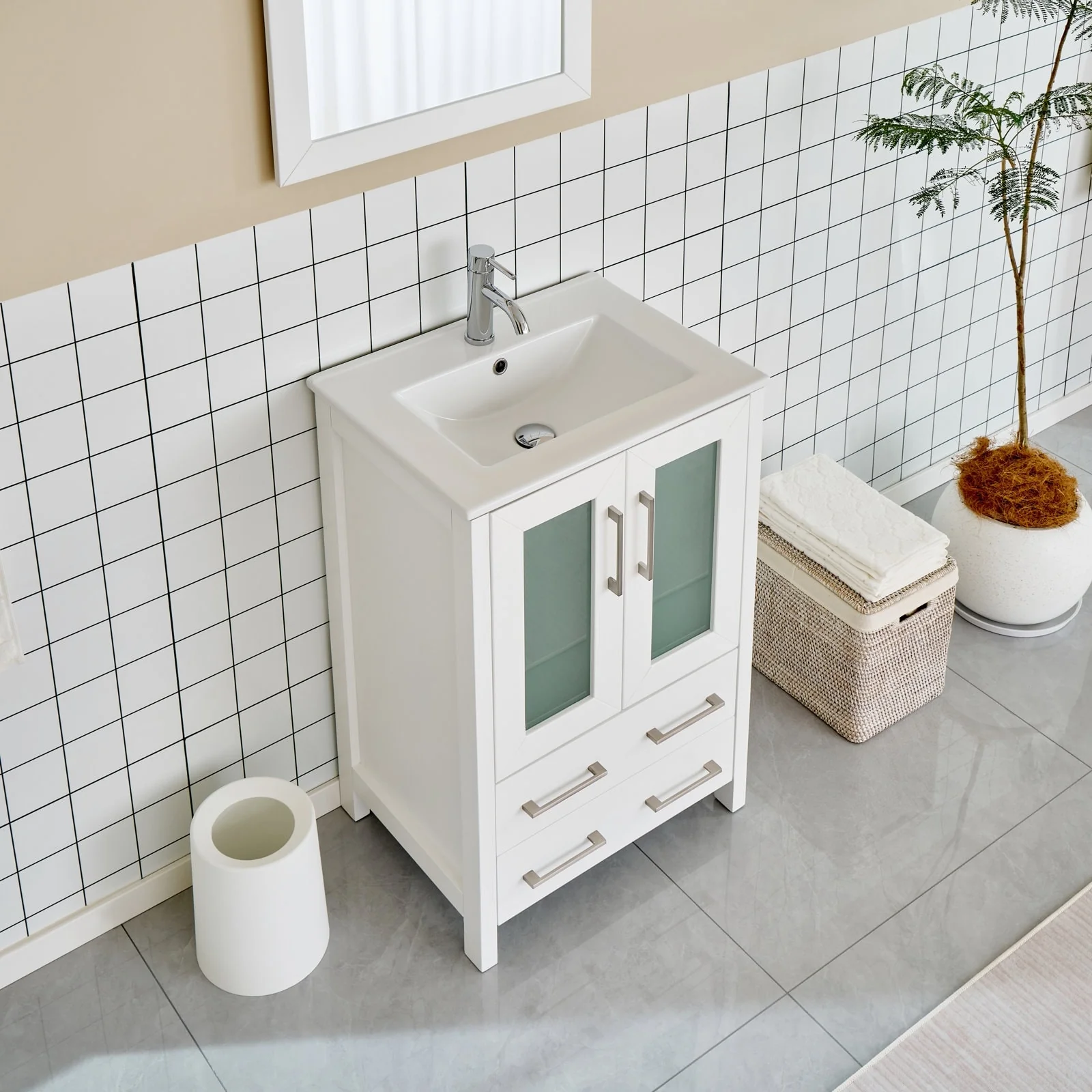 Vanity Art 24-Inch Single Sink Bathroom Vanity Set 2 Drawers, 1 Cabinet, 1 Shelf, Soft-Closing Doors with Free Mirror
