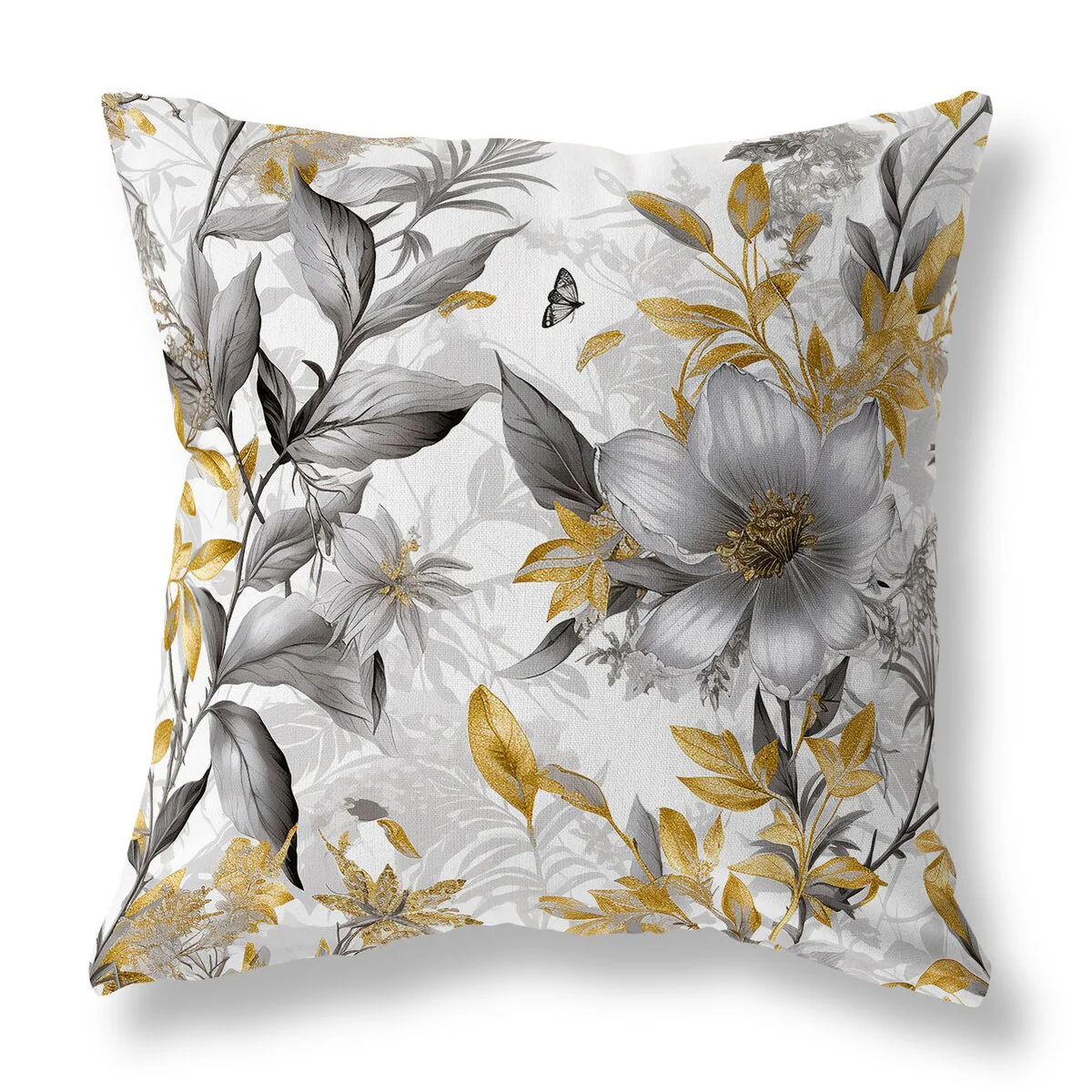 Grey And Gold Exquisite Floral Breeze Indoor/Outdoor Throw Pillow Zipper