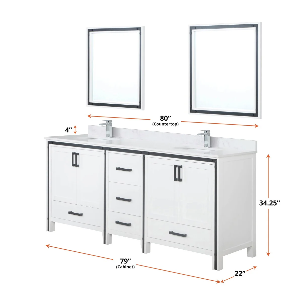 Ziva 80 in W x 22 in D White Double Bath Vanity, White Quartz Top, Faucet Set and 30 in Mirrors