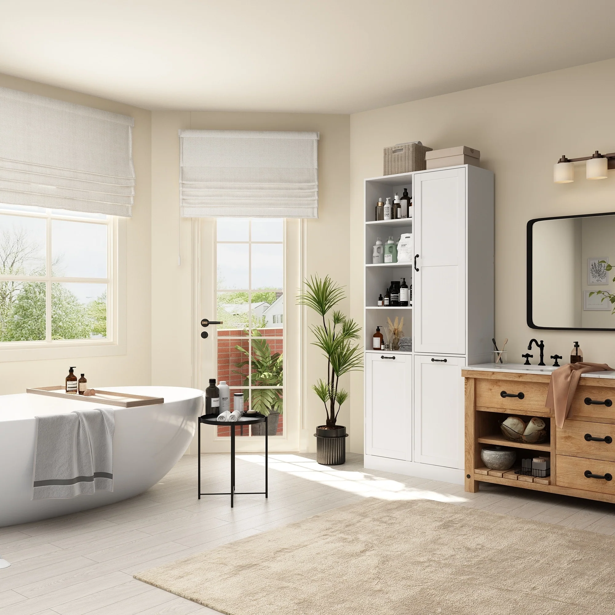 Sleek White Laundry Bathroom Cabinet with Unique Rotating Drawers