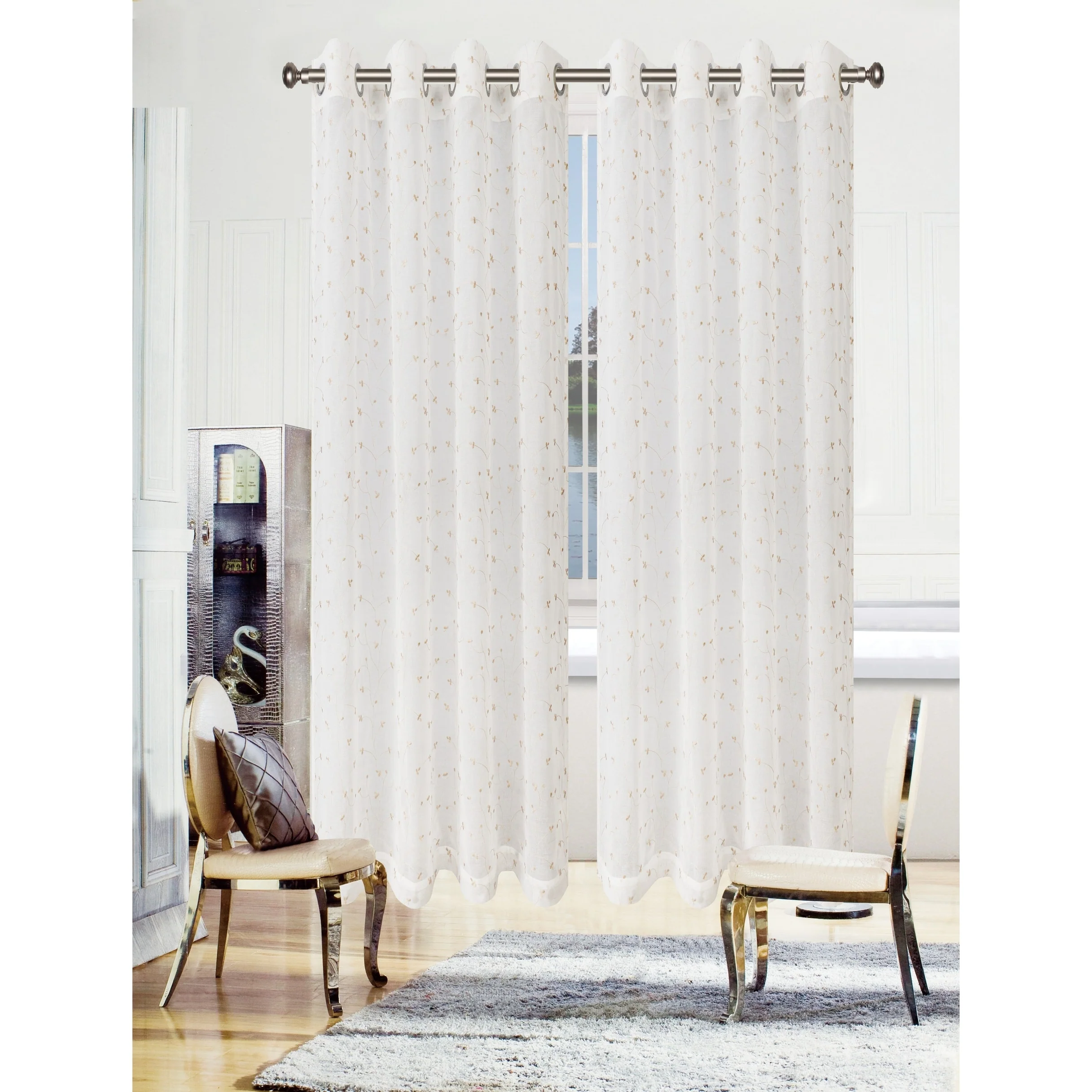 Superior Embroidered Delicate Flower Sheer Grommet Curtain Panel - (Set of 2)