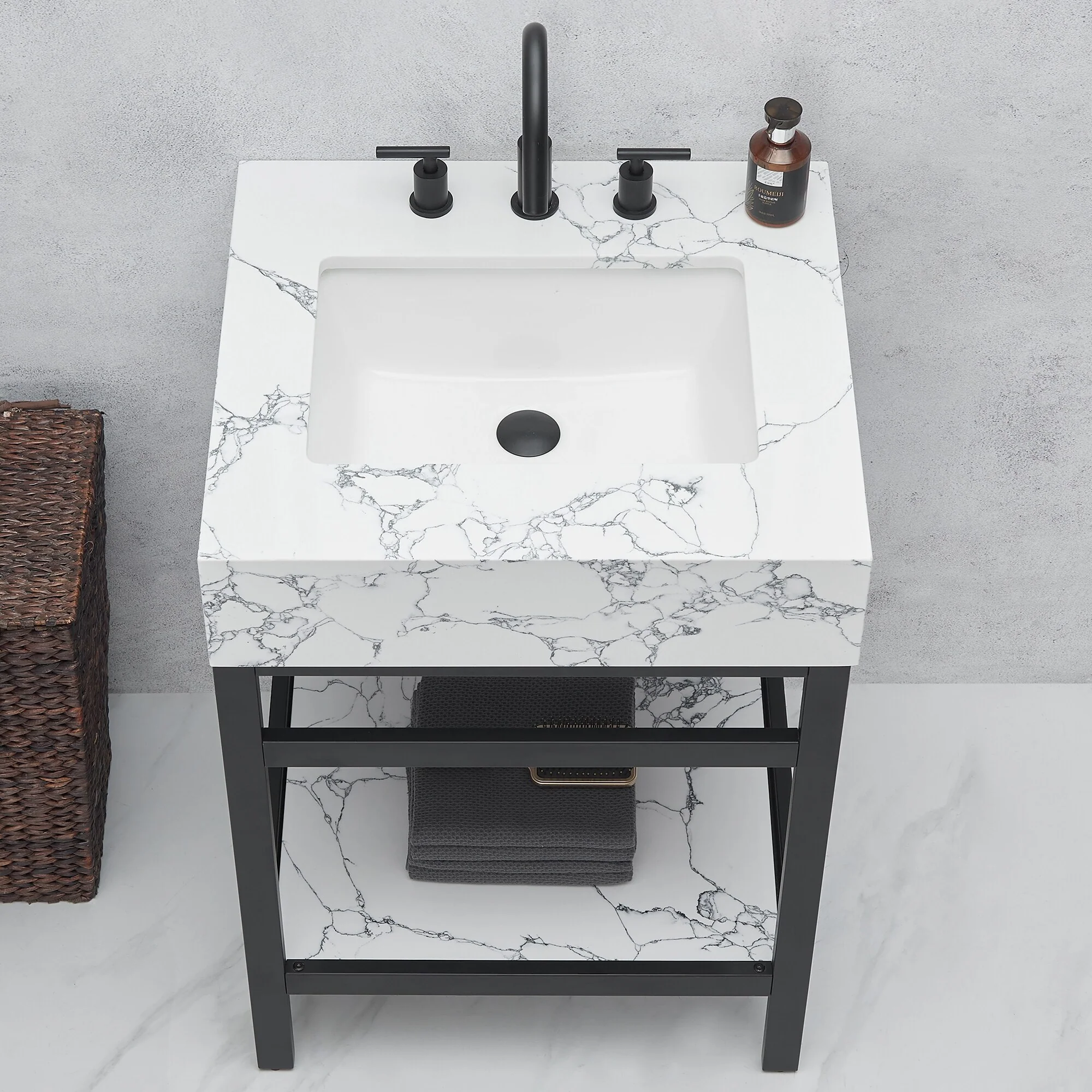 Ecija Bath Vanity, Metal Support with Composite Stone Top, no Mirror