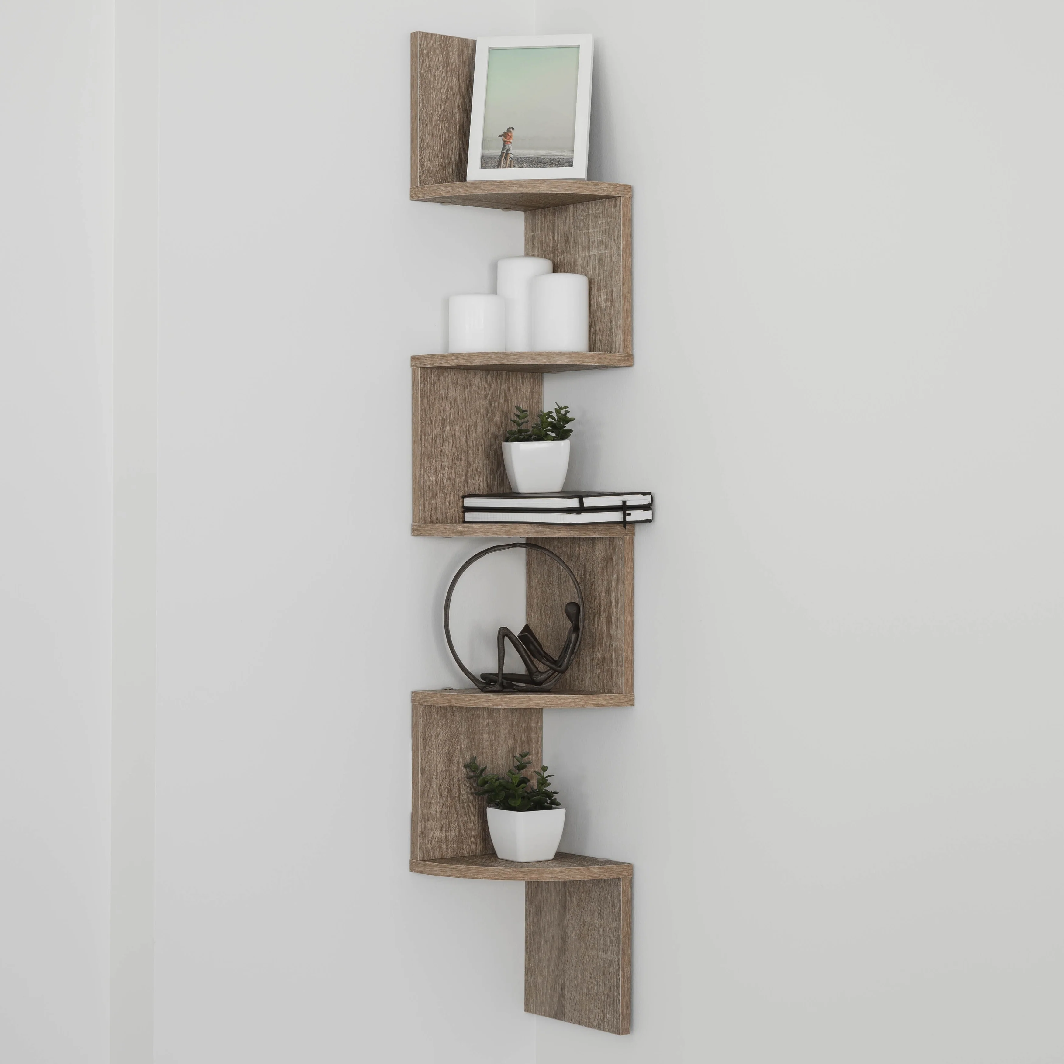 Large Weathered Oak Laminate Corner Wall Mount Shelf