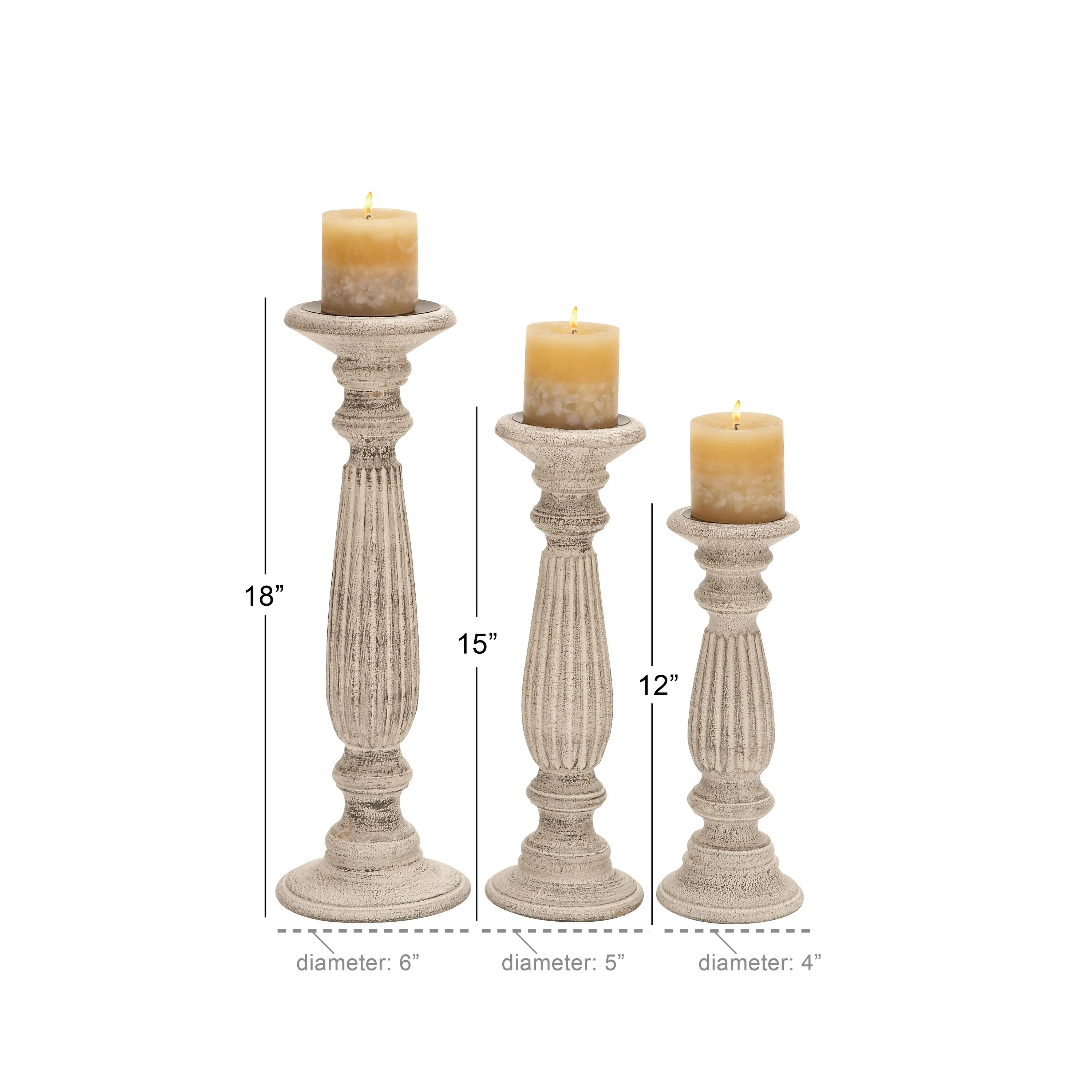 Traditional Mango Distressed Turned Pillar Wood Candle Holder (Set of 3) - Dark Brown, Beige, White
