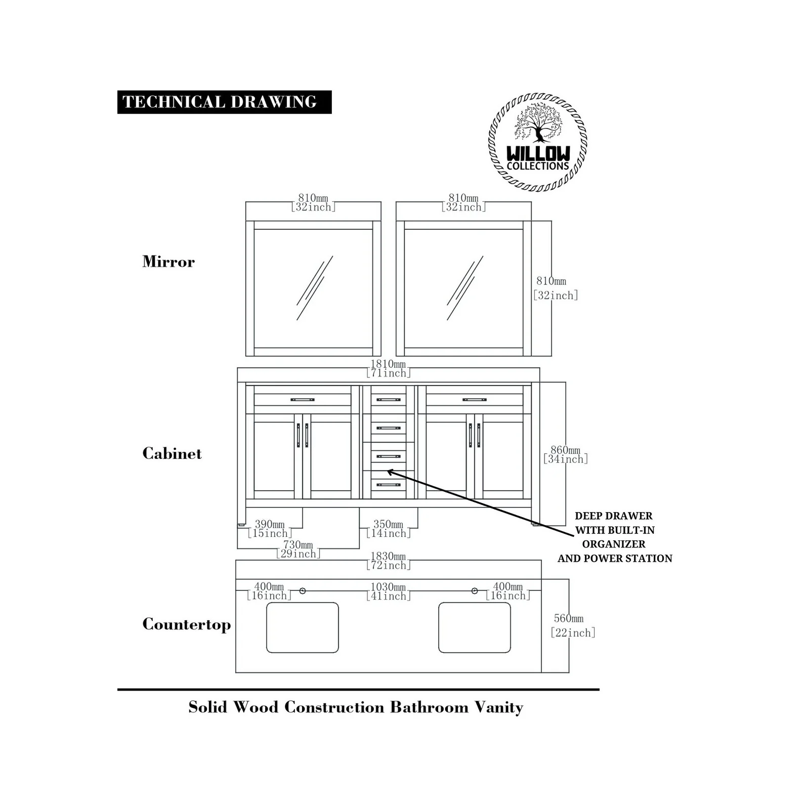 Willow Collections 72 in. W x 22 in. D Cambridge Double Sink Bathroom Vanity with Countertop