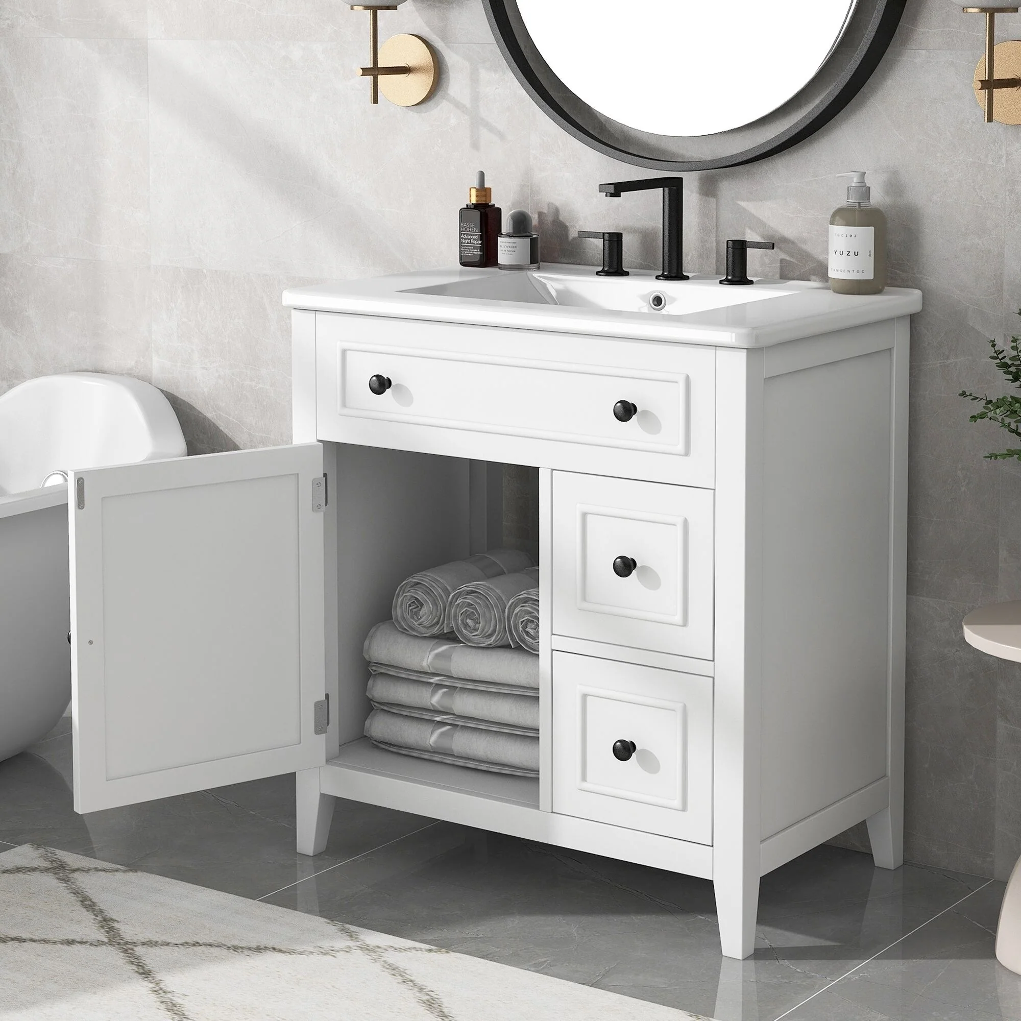 30'' Solid Wood Bathroom Vanity with Cabinet, 2 Drawers, and Ceramic Sink