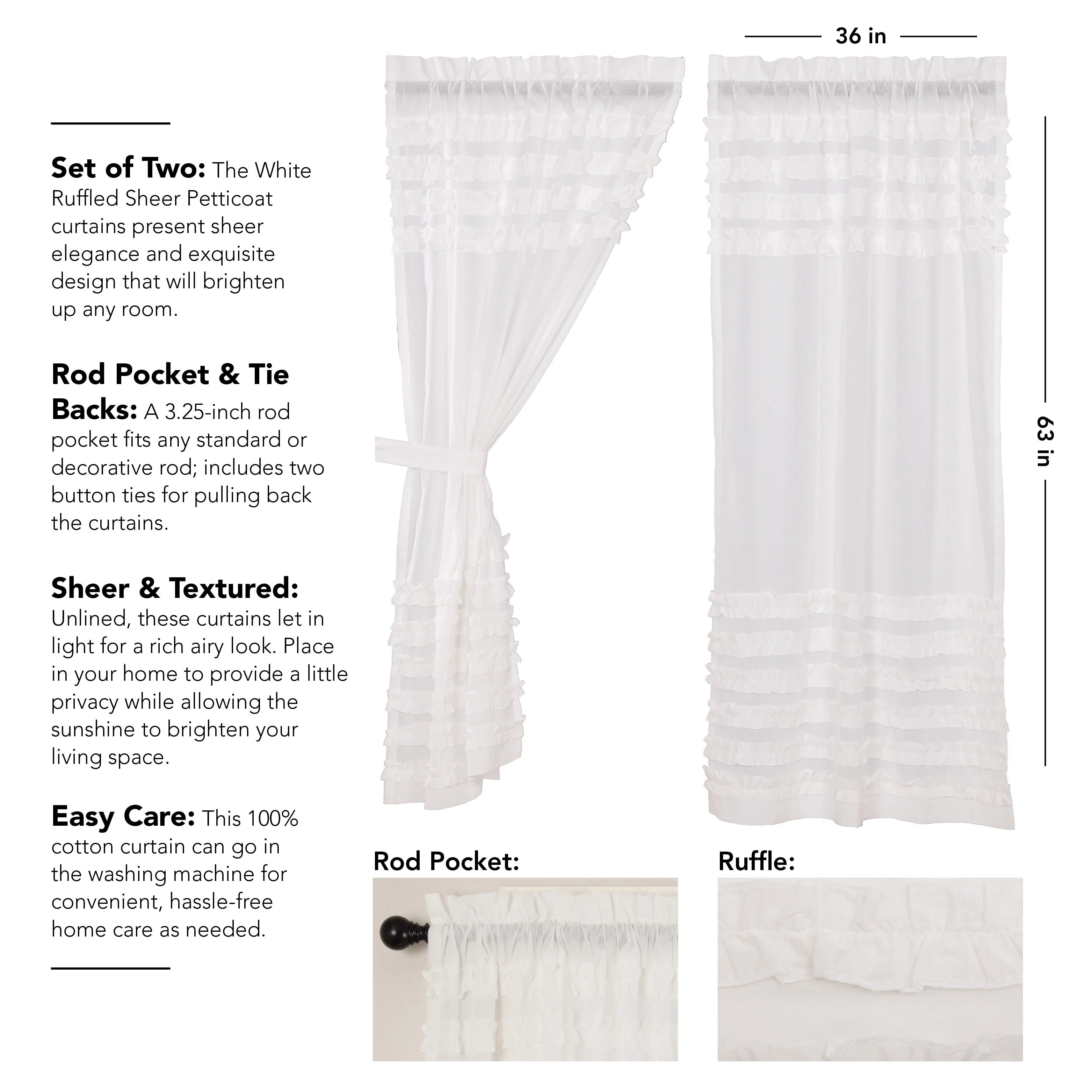 White Ruffled Sheer Petticoat Short Panel Set of 2 63x36 - Short Panel 63x36