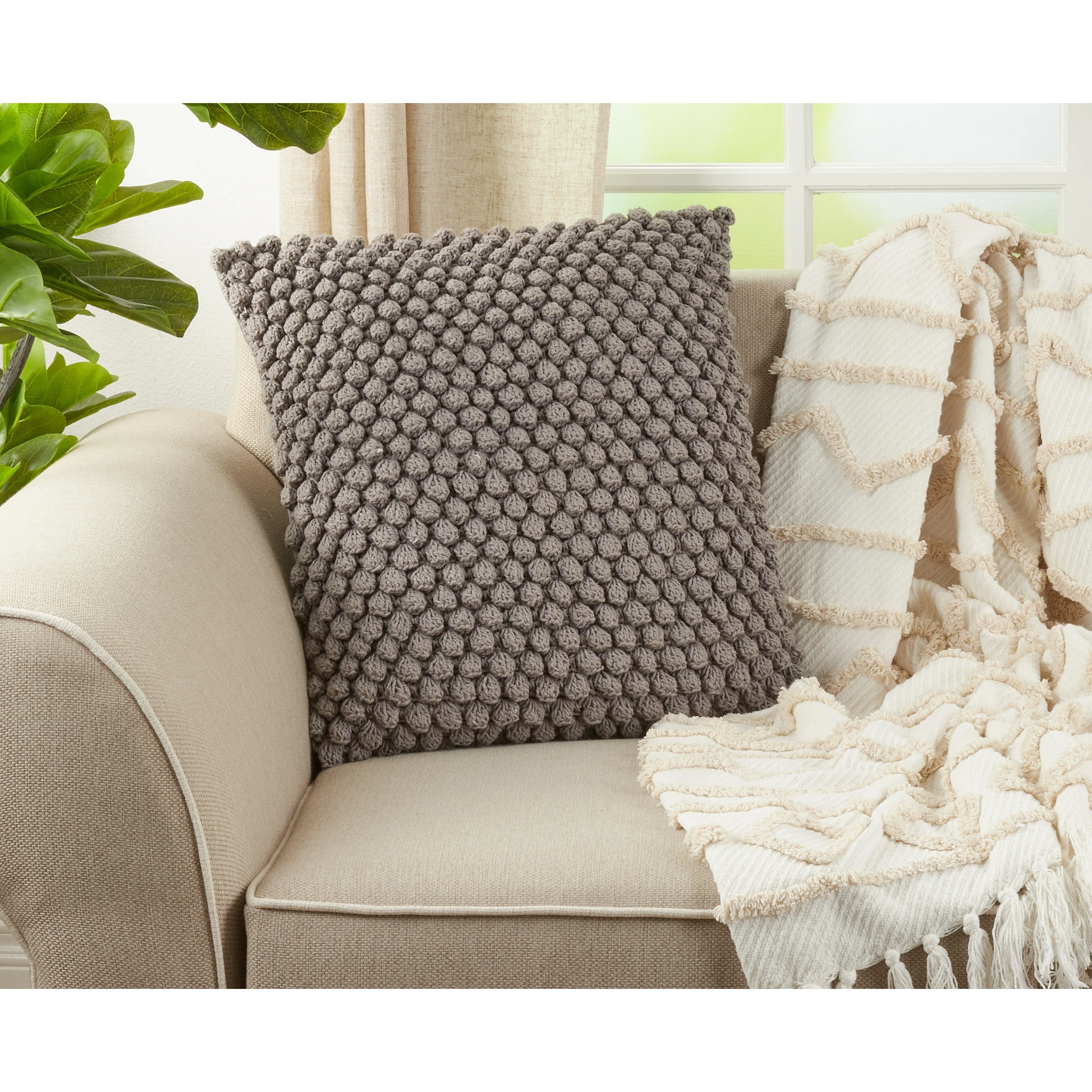 Cotton Throw Pillow With Crochet Pom Pom Design And Down Filling