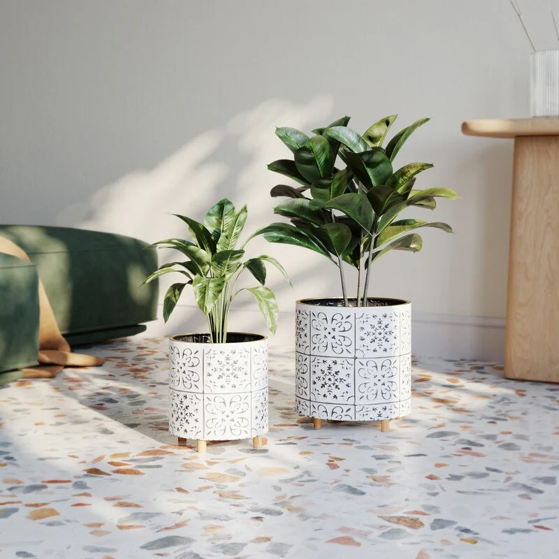 Tristan Black & White Indoor Metal Pot Planter With Peg Leg Base Set - 8.75