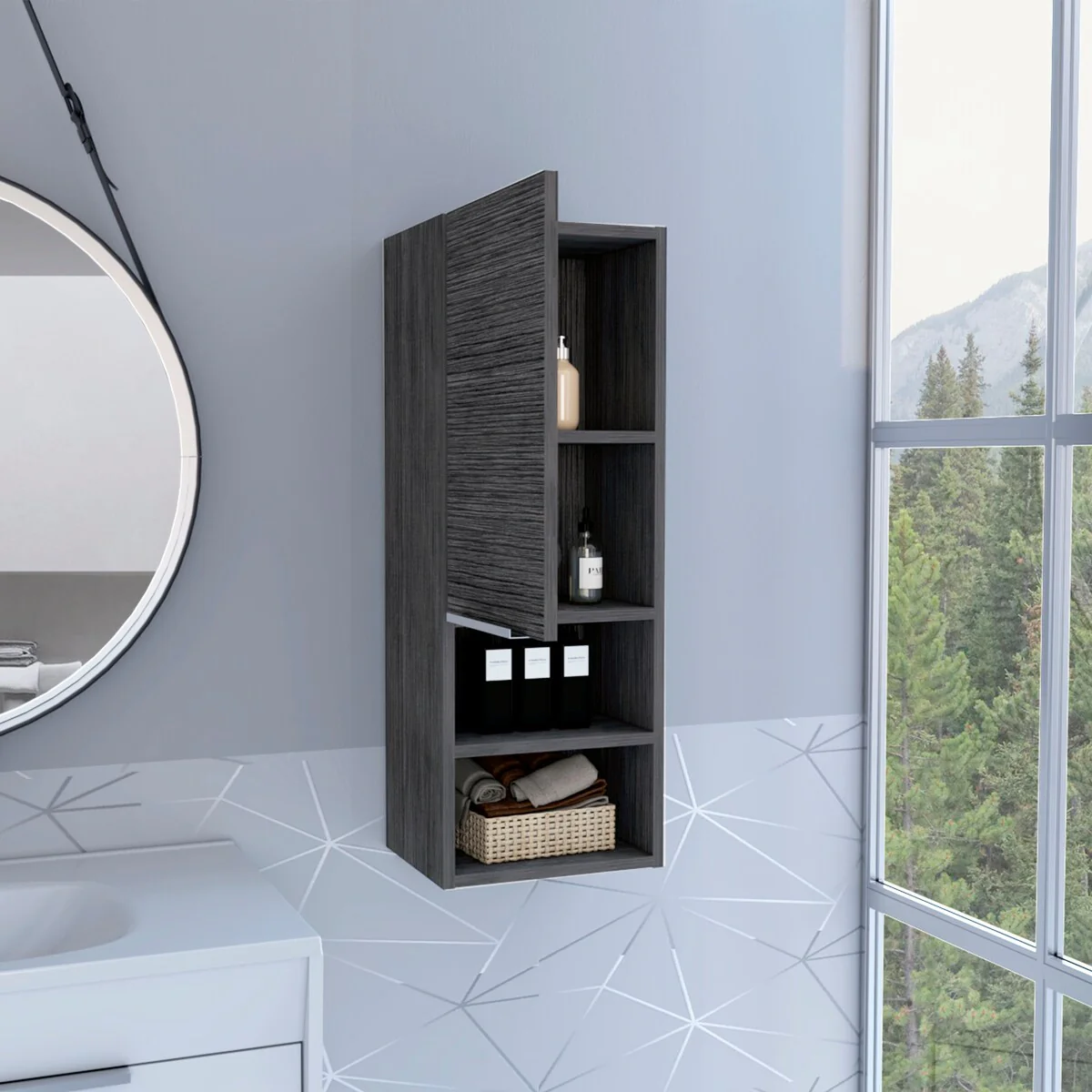 Modern Wood Medicine Cabinet, Compact Bathroom Medicine Cabinet with 1 Door and Open Shelves, 32.08 