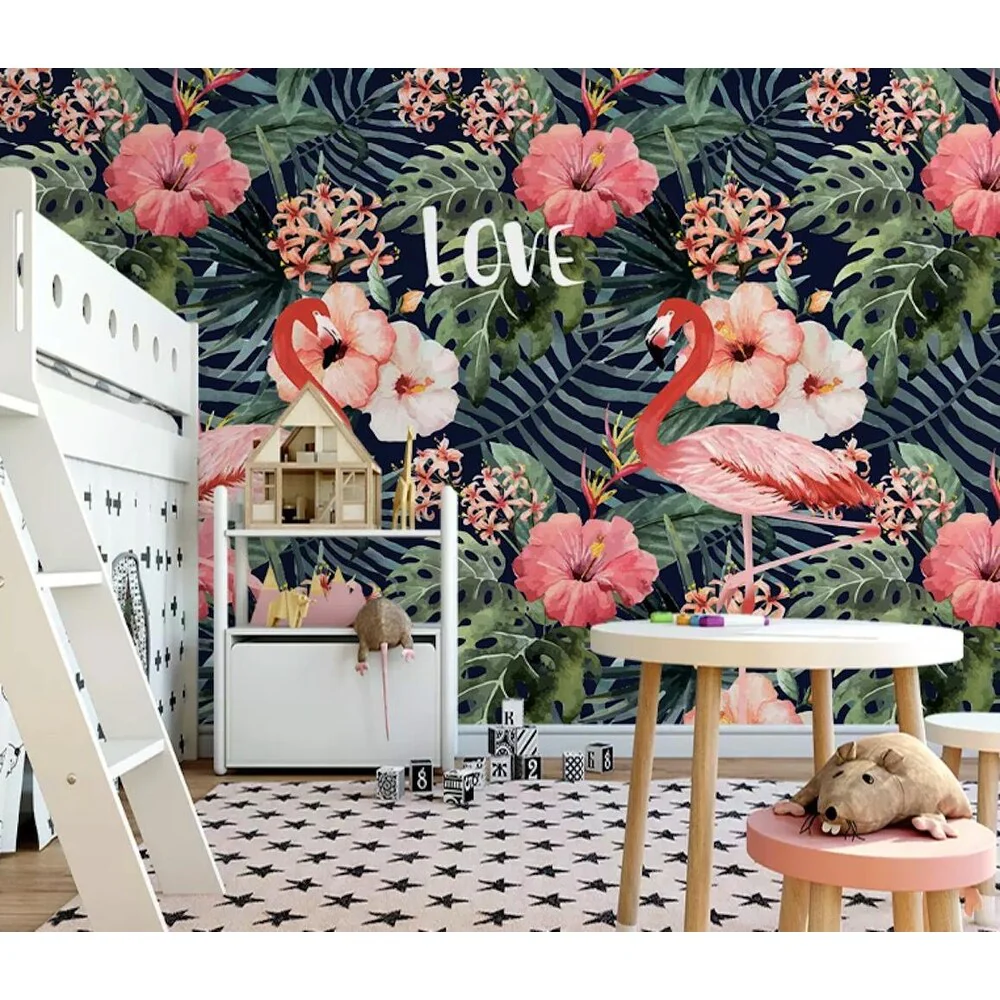 GK Wall Design Flamingo Vintage Leaf Mirabilis Flower Tropical Removable Wallpaper