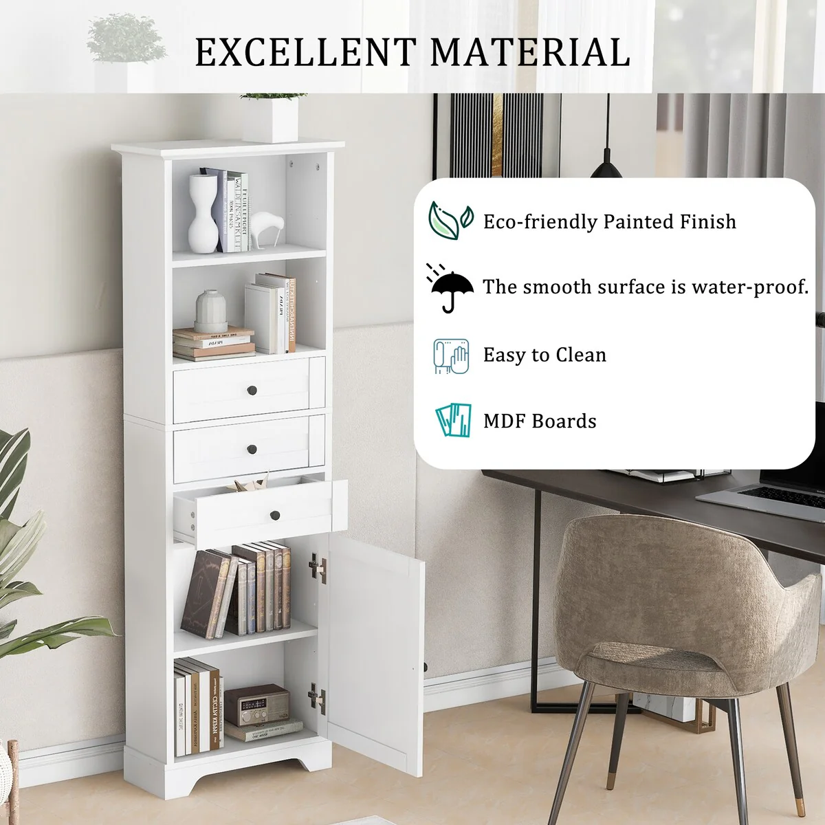 10 in. W x 22 in. D x 68.3 in. H White MDF Linen Cabinet with 3 Drawers and Adjustable Shelves