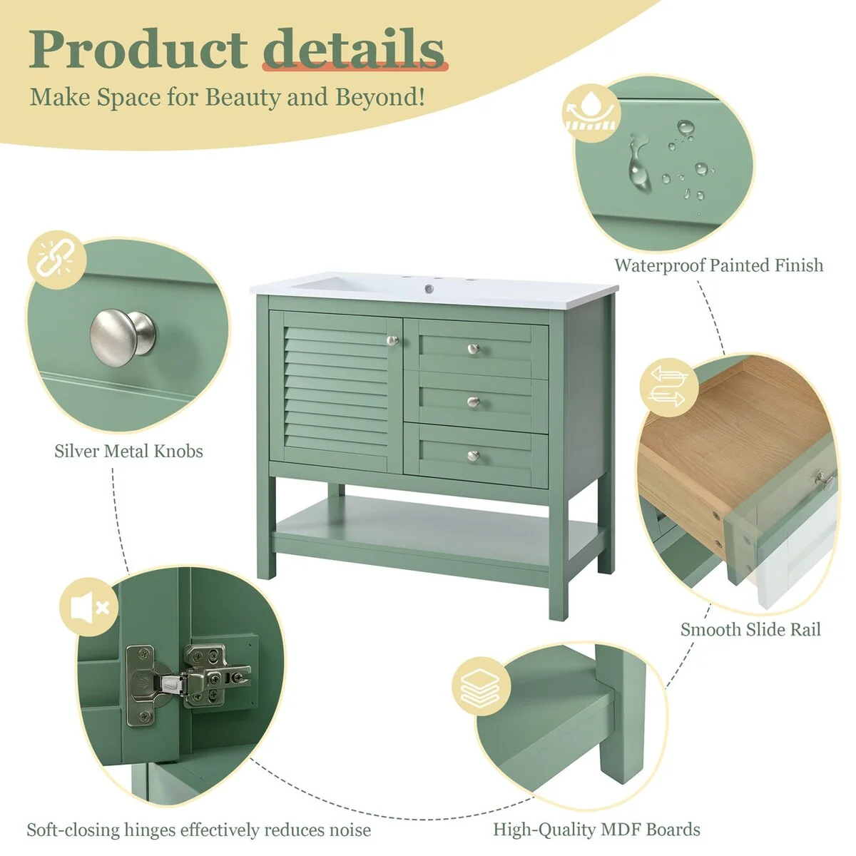 36 inch MDF Freestanding Bathroom Vanity in Green without Counter Top