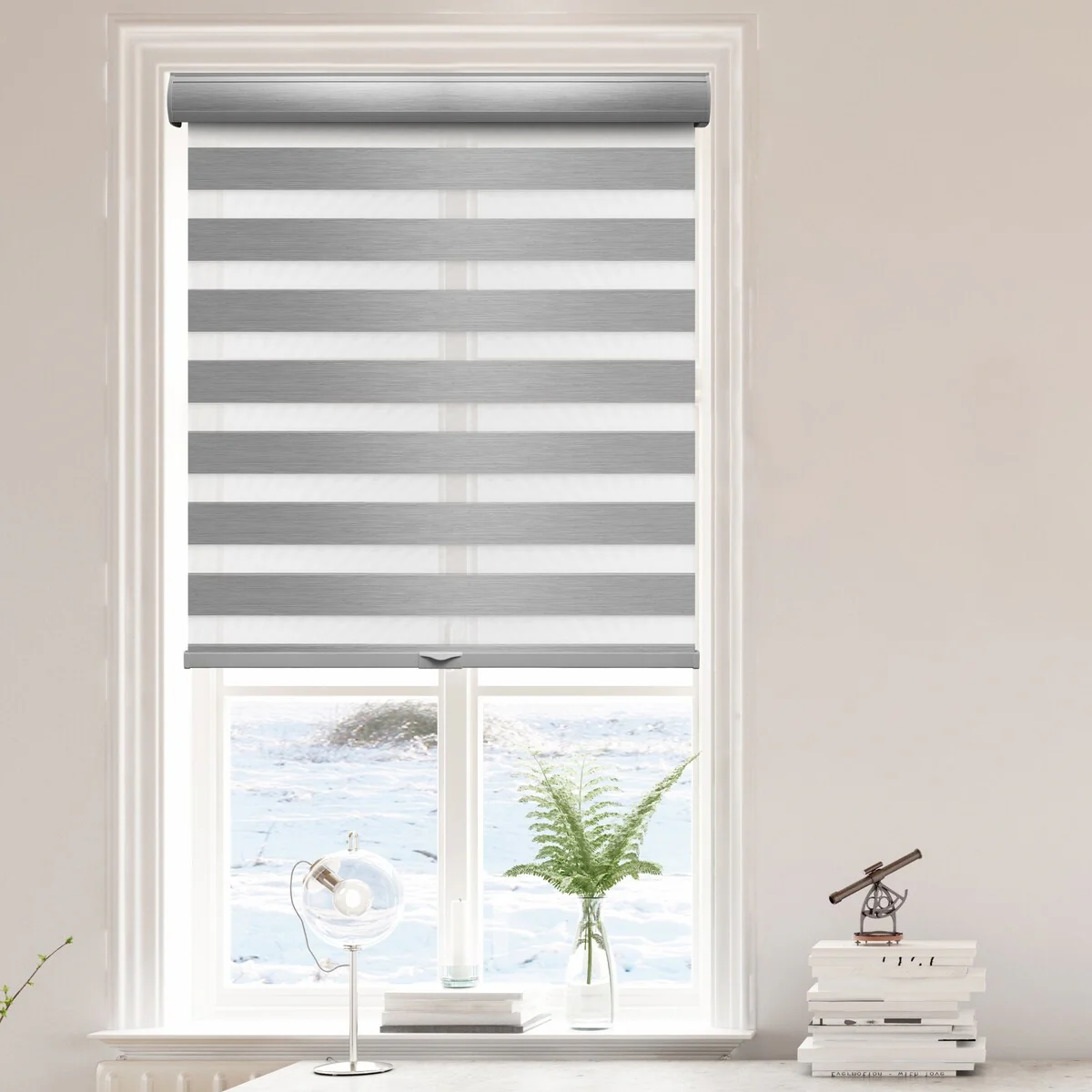 Lumi Cordless Zebra Blinds Grey Fabric Roller Blackout