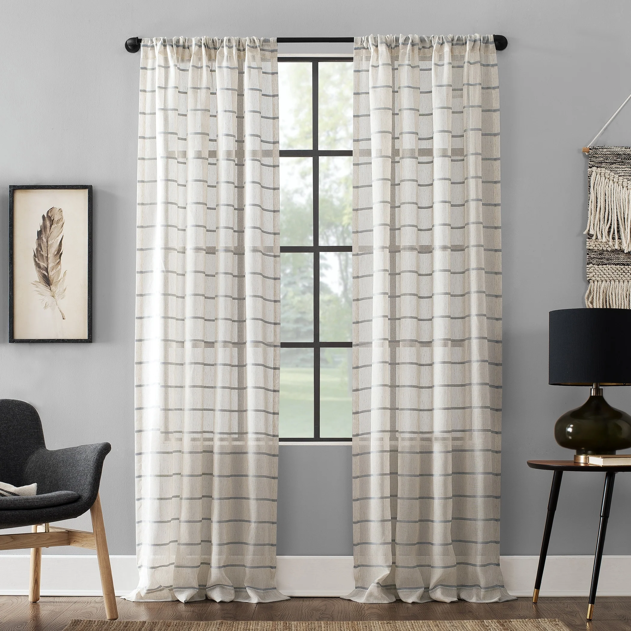 Clean Window Twill Stripe Anti-Dust Linen Blend Sheer Curtain Panel, Single Panel
