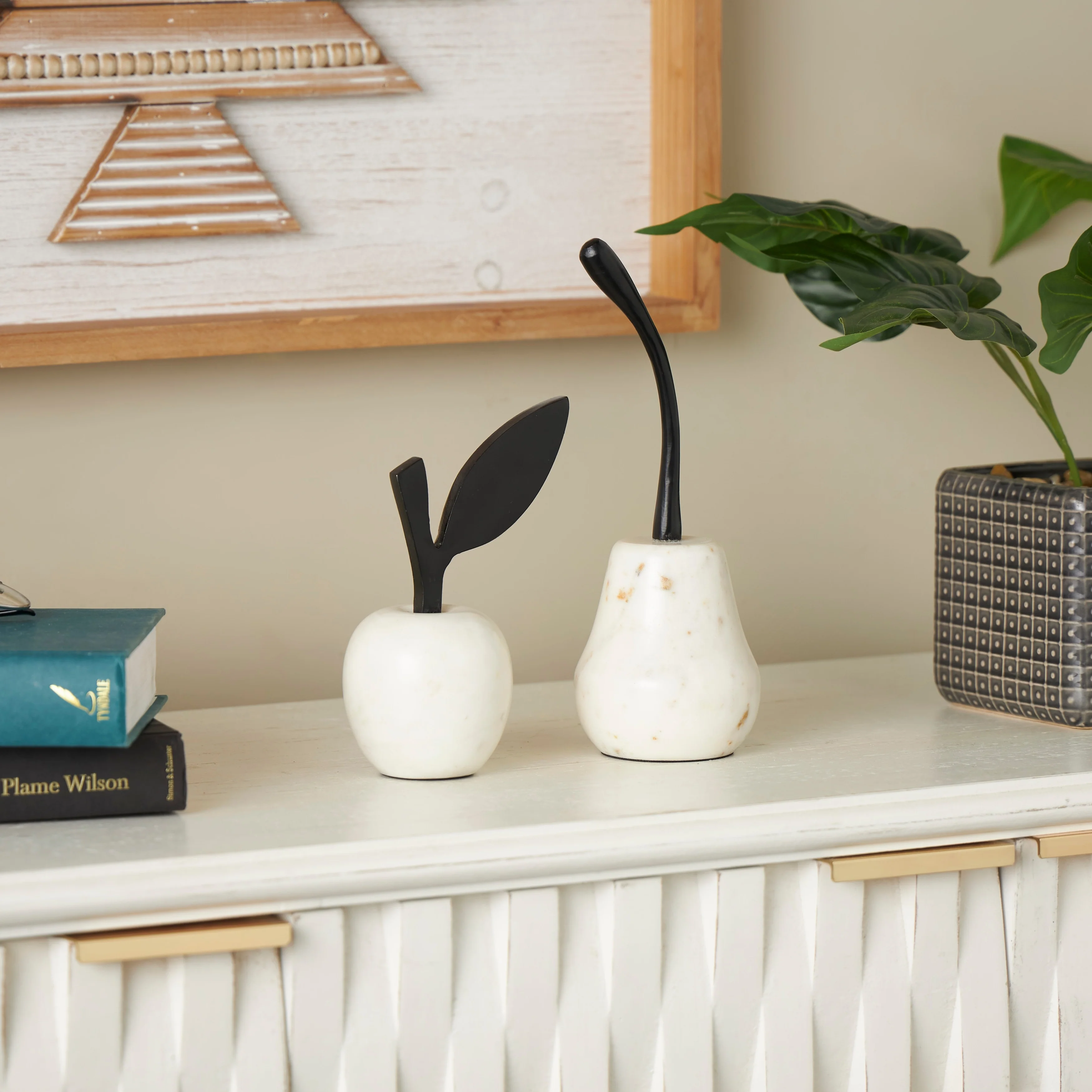 White Marble Abstract Apple and Pear Fruit Decorative Sculpture with Black Stems (Set of 2)