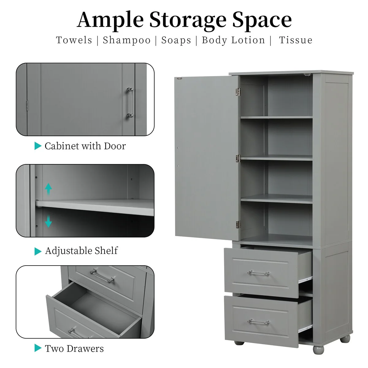 Freestanding Tall Bathroom Storage Cabinet with Door, 2 Drawers and Adjustable Shelf
