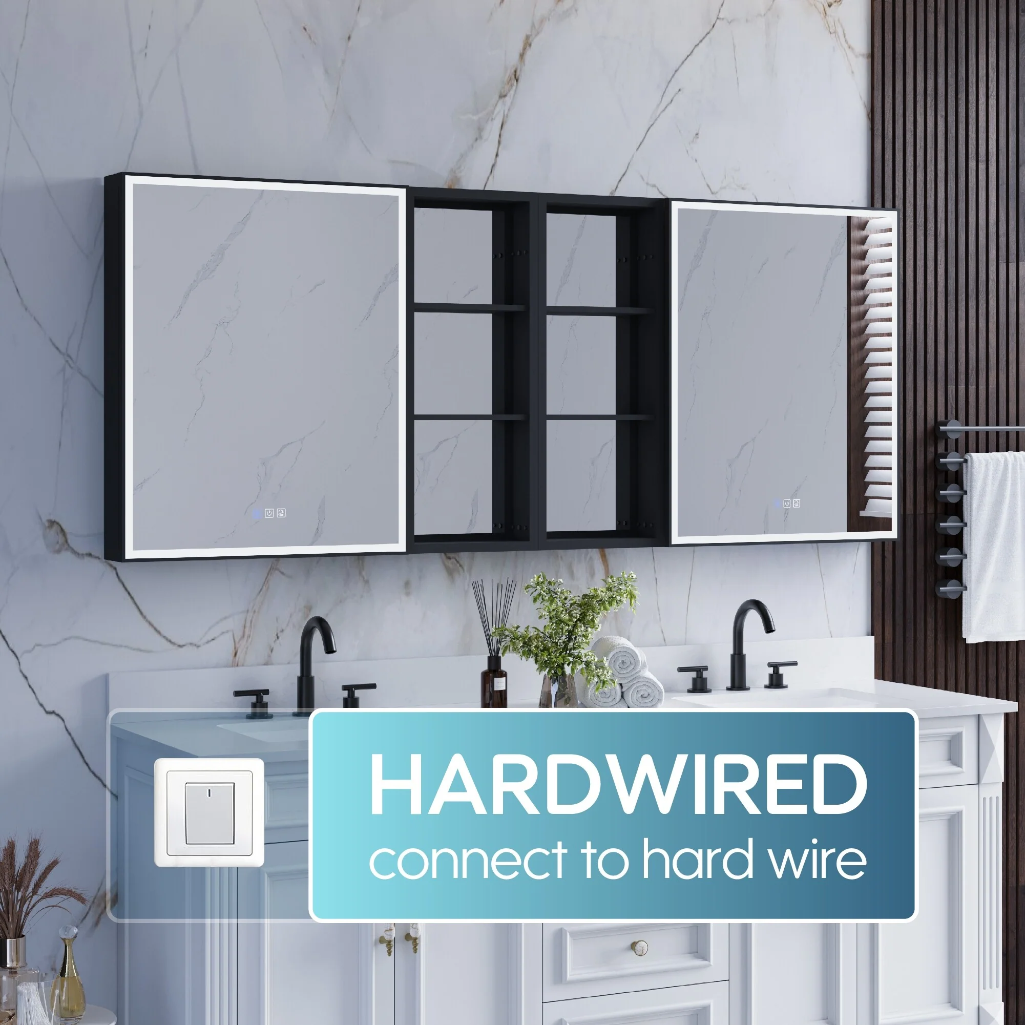 30 in. H Recessed or Surface Wall Mounted LED Mirror Cabinet With Black Side Cabinet