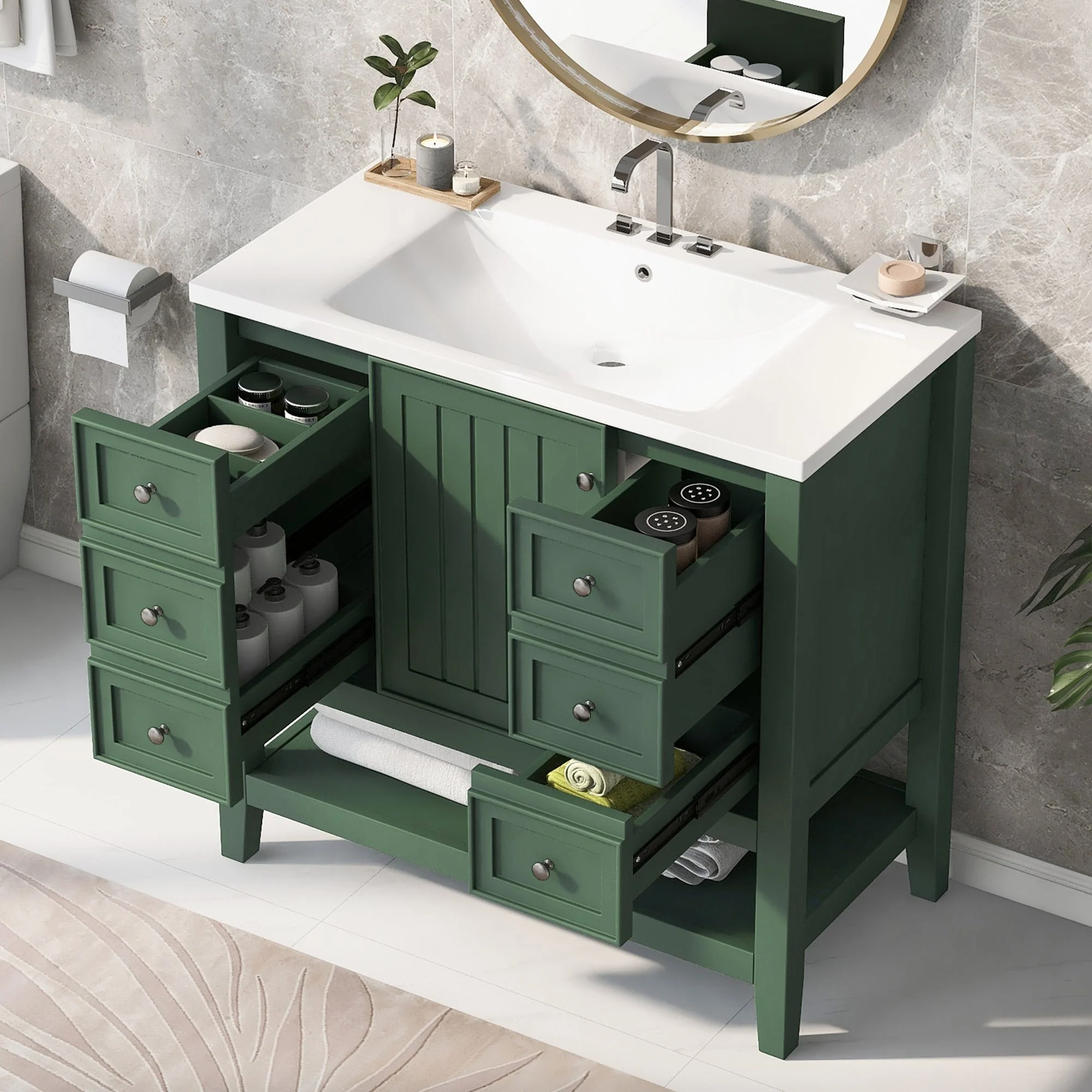 36 Inch Freestanding Bathroom Vanity Set with Drawers and Ceramic Sink