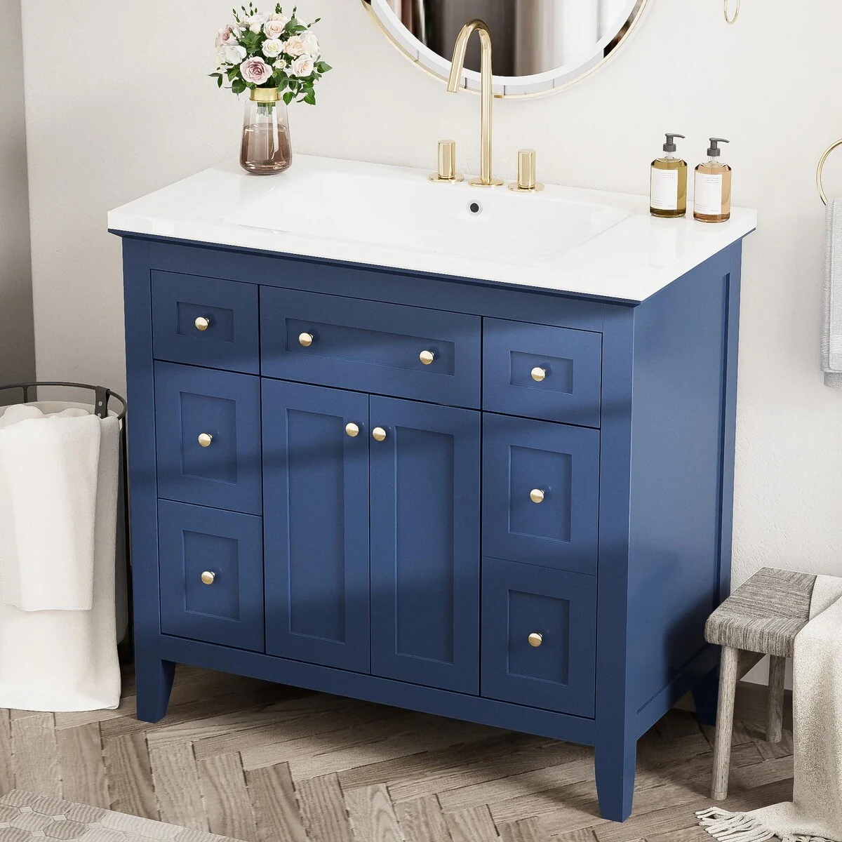 36'' Bathroon Vanity with Resin Sink Combo Set, Modern Freestanding Single Bathroom Cabinet with 6 Drawers & 2 Cabinets,Blue