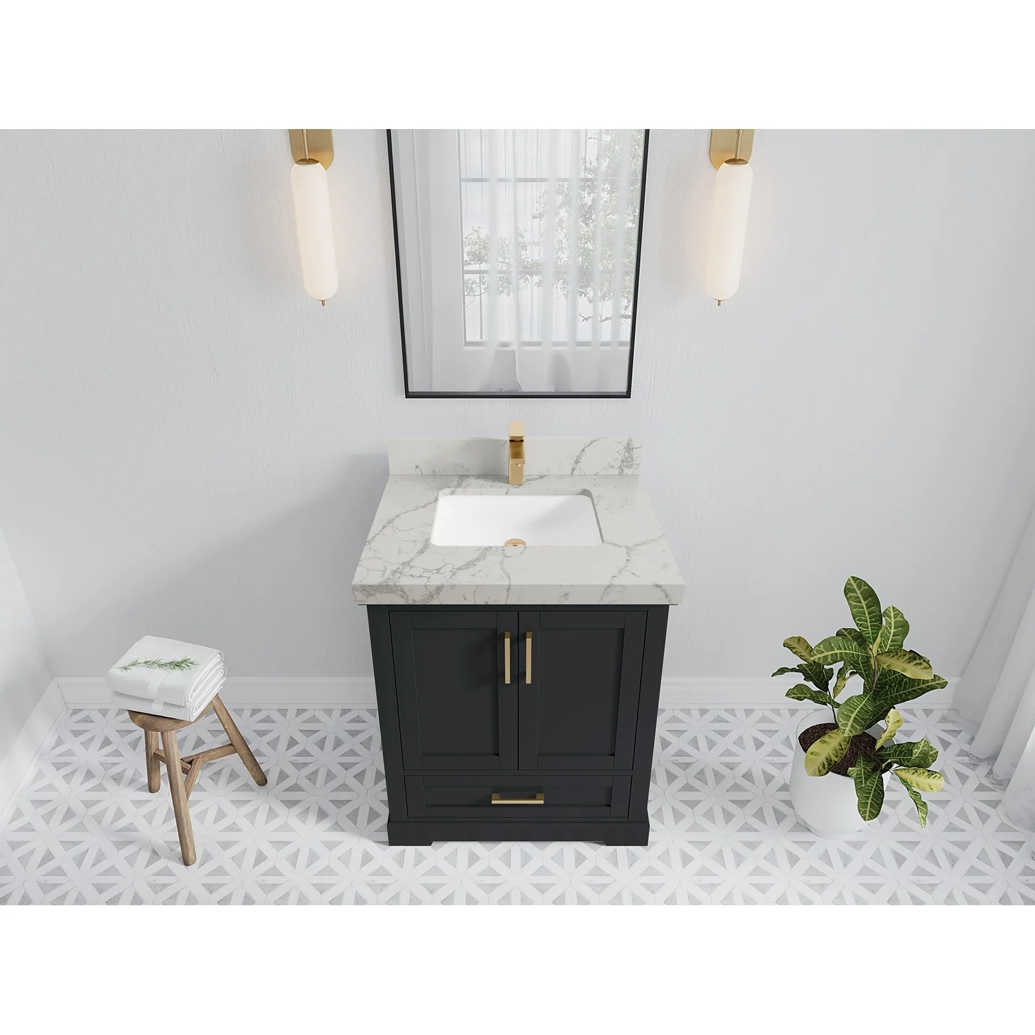 Willow Collection 30 in W x 22 in D x 36 in H Reeded Boston Single Bowl Sink Bathroom Vanity with Quartz or Marble Countertop