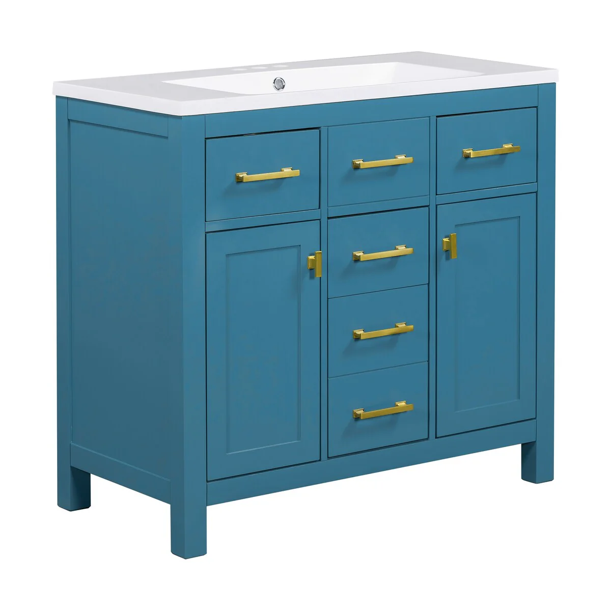 36 in. W x 18 in. D x 34 in. H Bathroom Vanity in Blue with White Resin Sink and Four Drawers