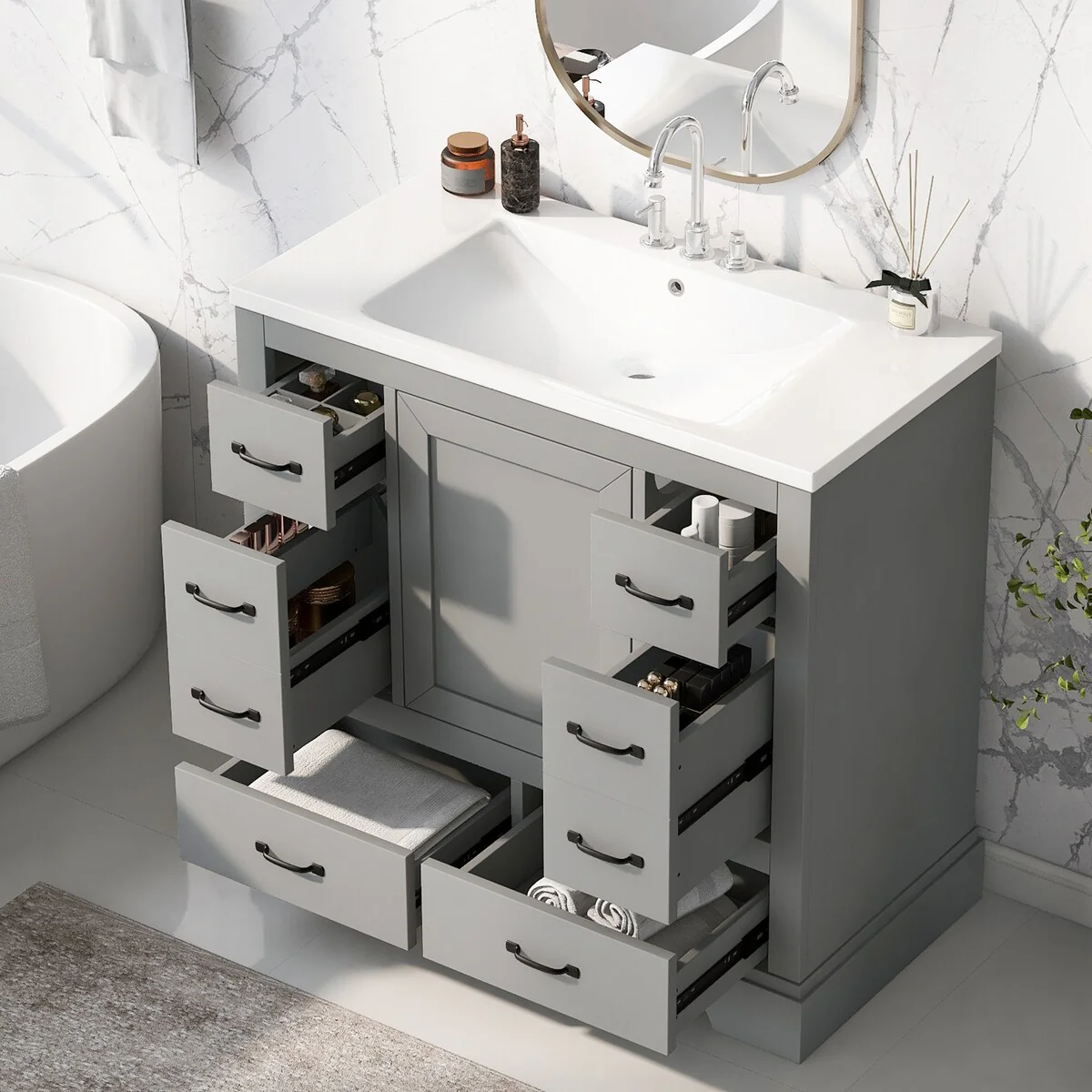 Bathroom Vanity Cabinet with Multi-Functional Drawer and Adjustable Shelf