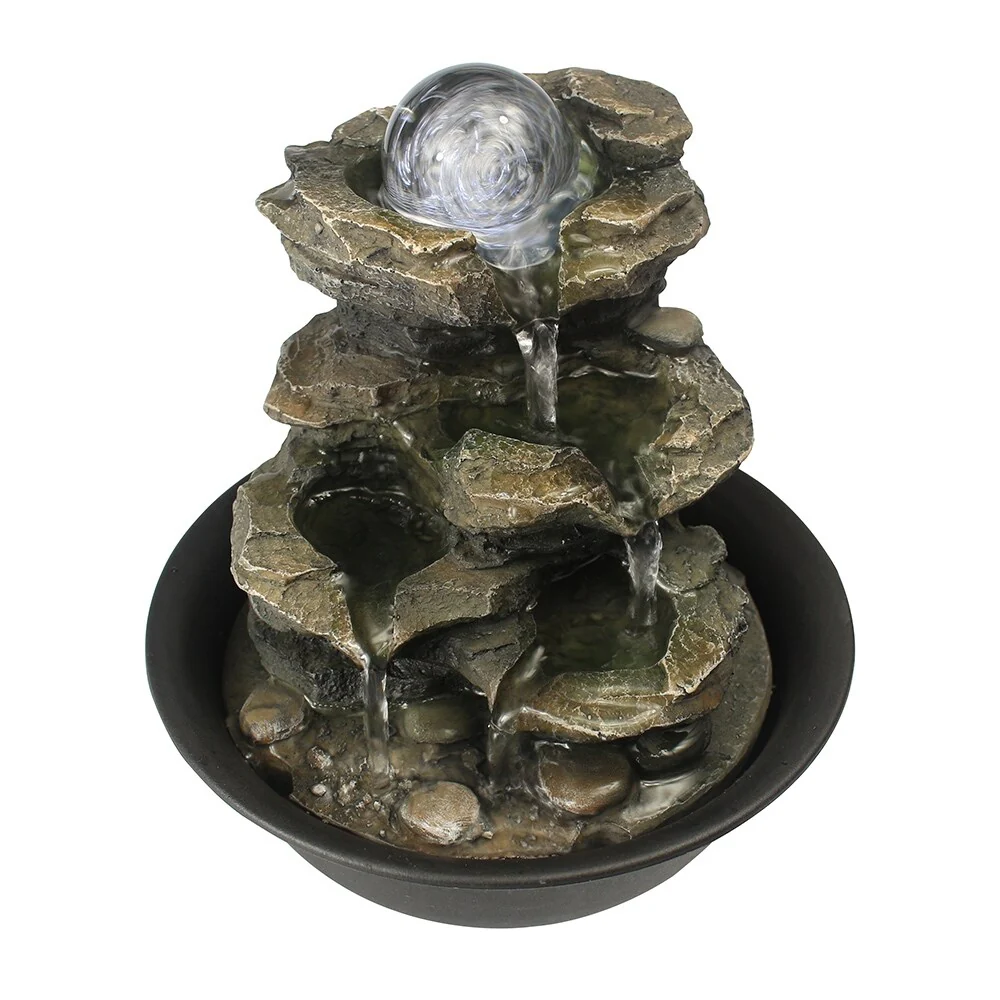 8.3-inch H 4-Tier Cascading Rock Falls Tabletop Water Fountain w/Light