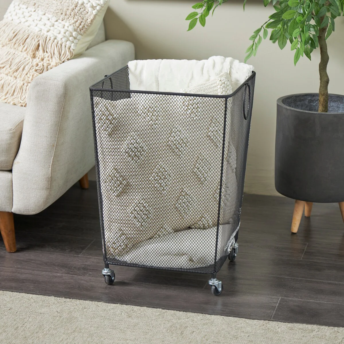 Black or Gold Metal Square Mesh Wire Rolling Laundry Storage Cart with Ring Handles