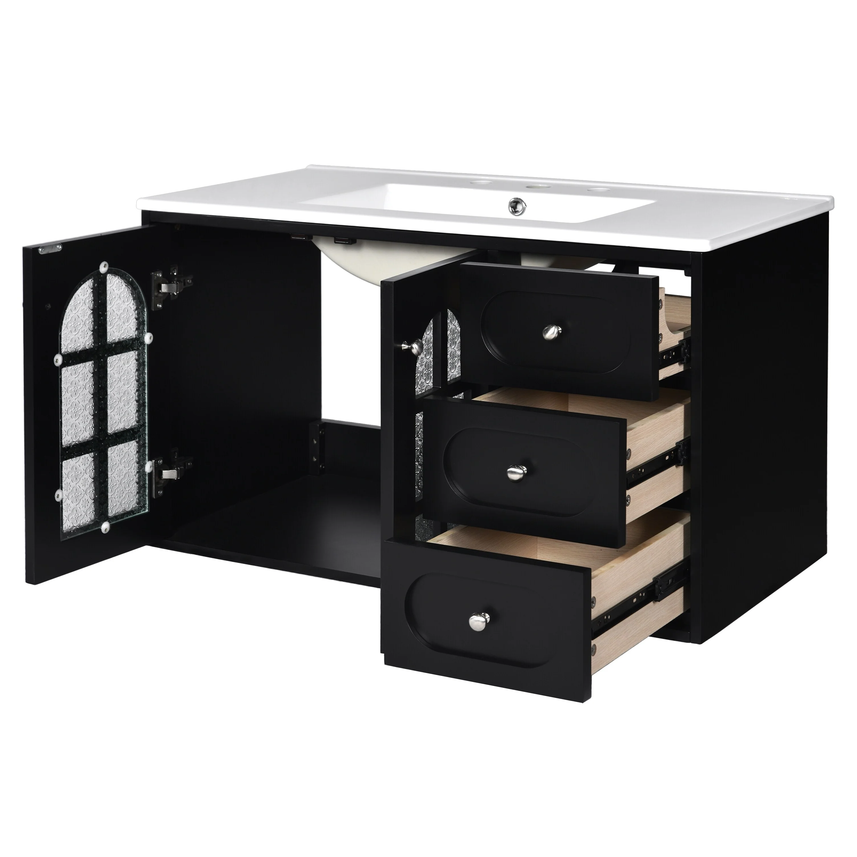 GDFStudio 36 Inch Floating Bathroom Vanity with Ceramic Sink, Wall Mounted Bathroom Cabinet with 3 Drawers