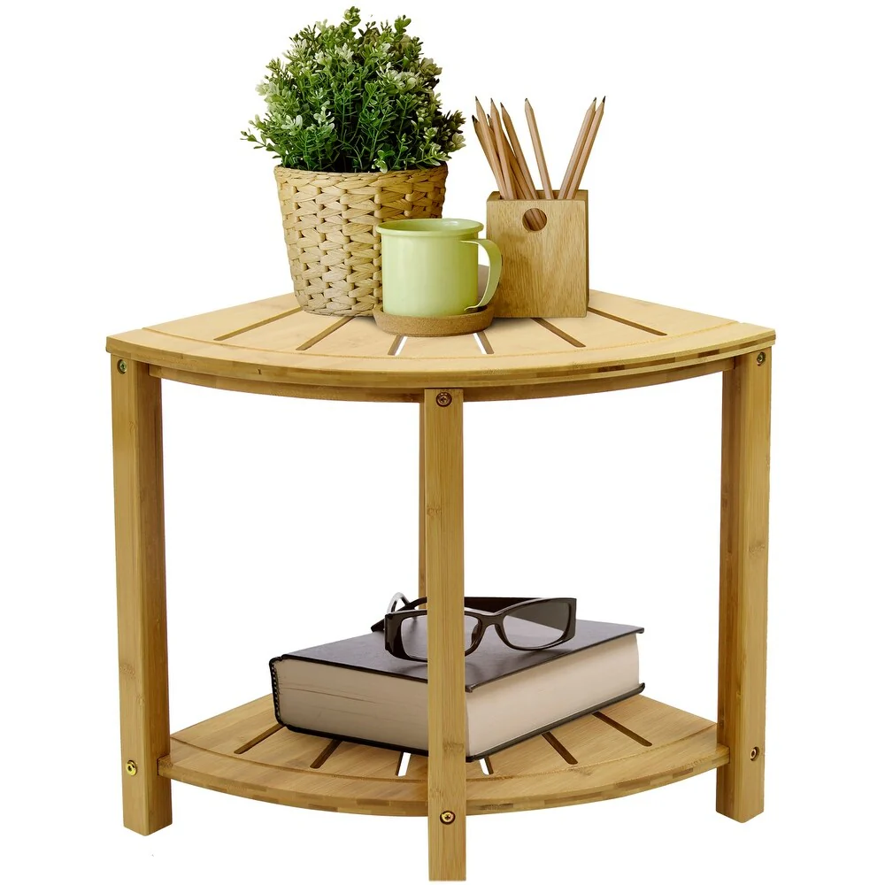 2-Tier Bamboo Corner Shower Stool Bench with Storage Shelf