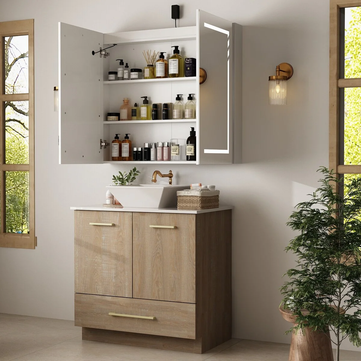 Bathroom Vanity with Ceramic Basin and Modern Medicine Cabinet Combo