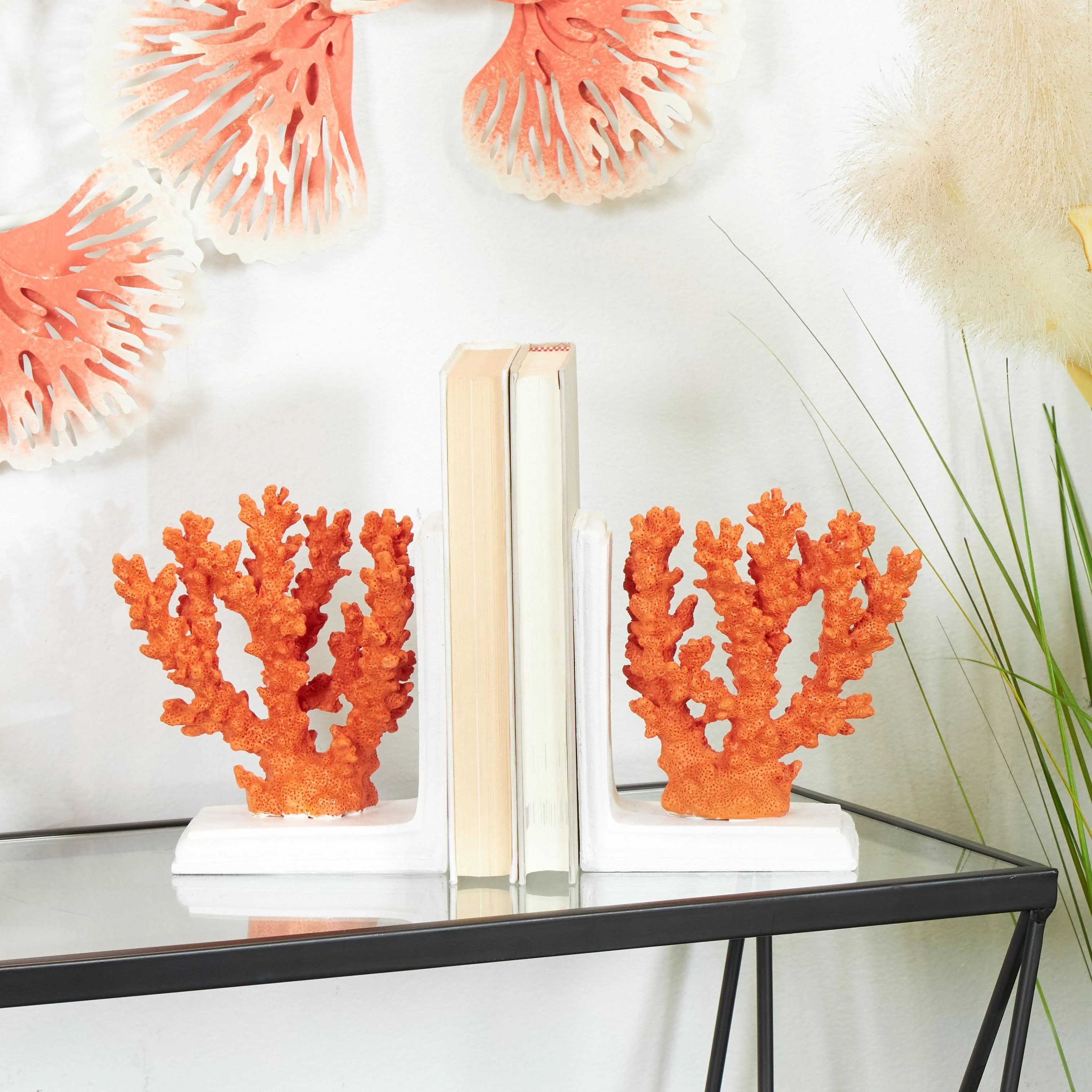 Polystone Coral Textured Decorative Bookends with Cream Base - Set of 2 Orange - Roche River Decor