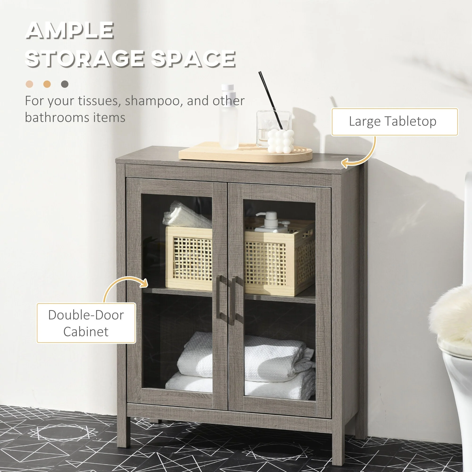 kleankin Modern Bathroom Cabinet, Bathroom Storage Organizer with Double Glass Doors and Adjustable Shelf