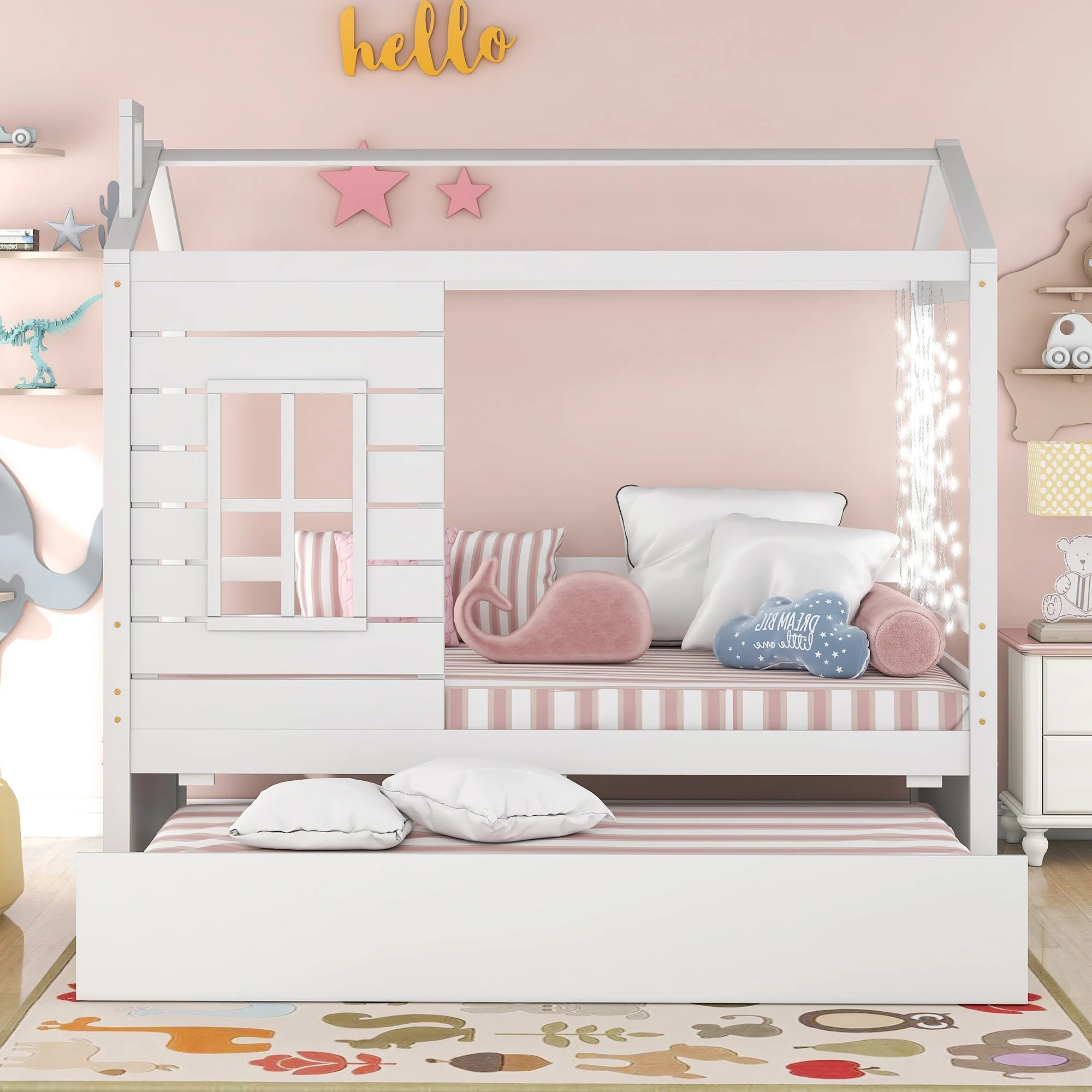 Twin Pine House Bed with Trundle, Guardrail, and Window