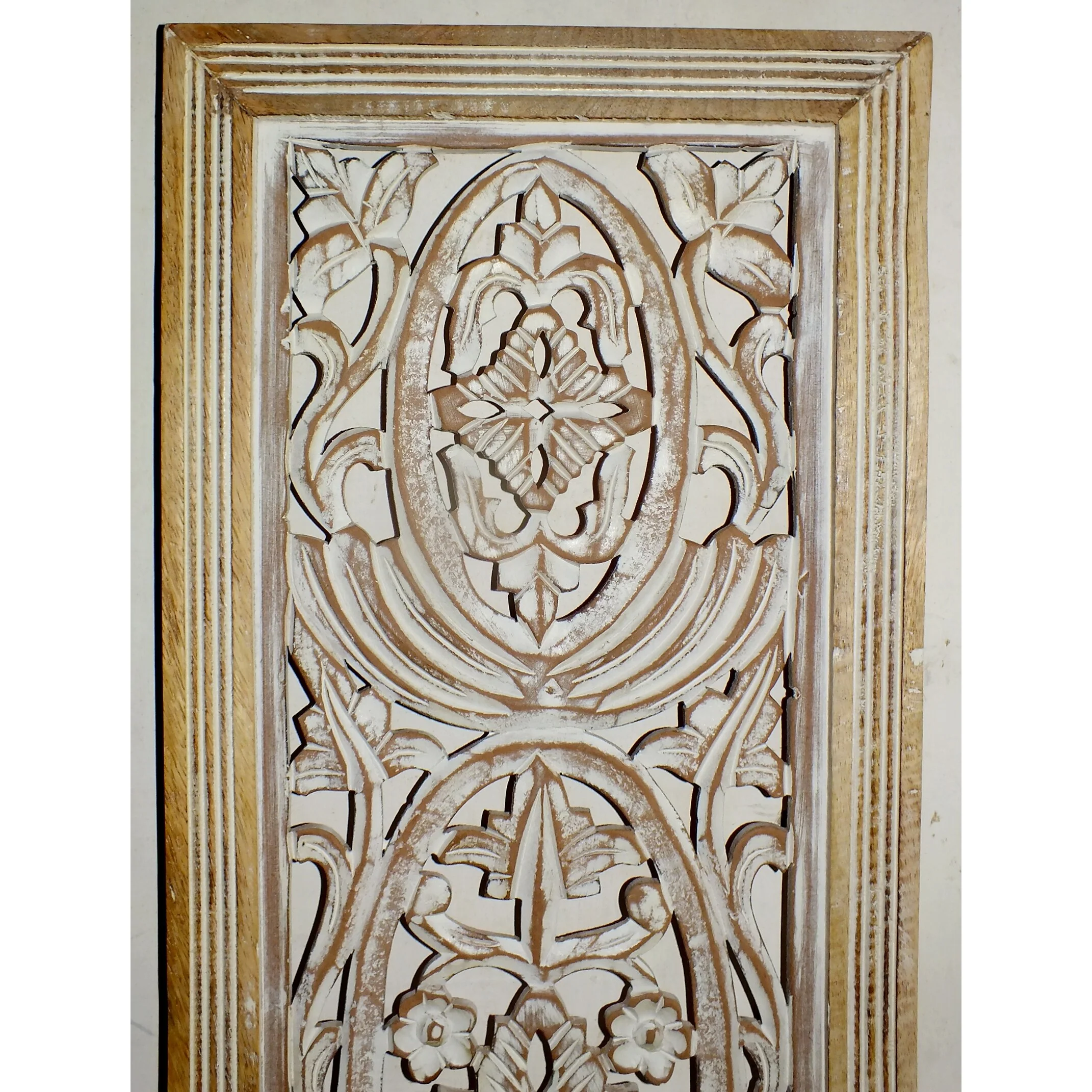 Rectangular Mango Wood Wall Panel Hand Crafted With Intricate Carving, White and Brown