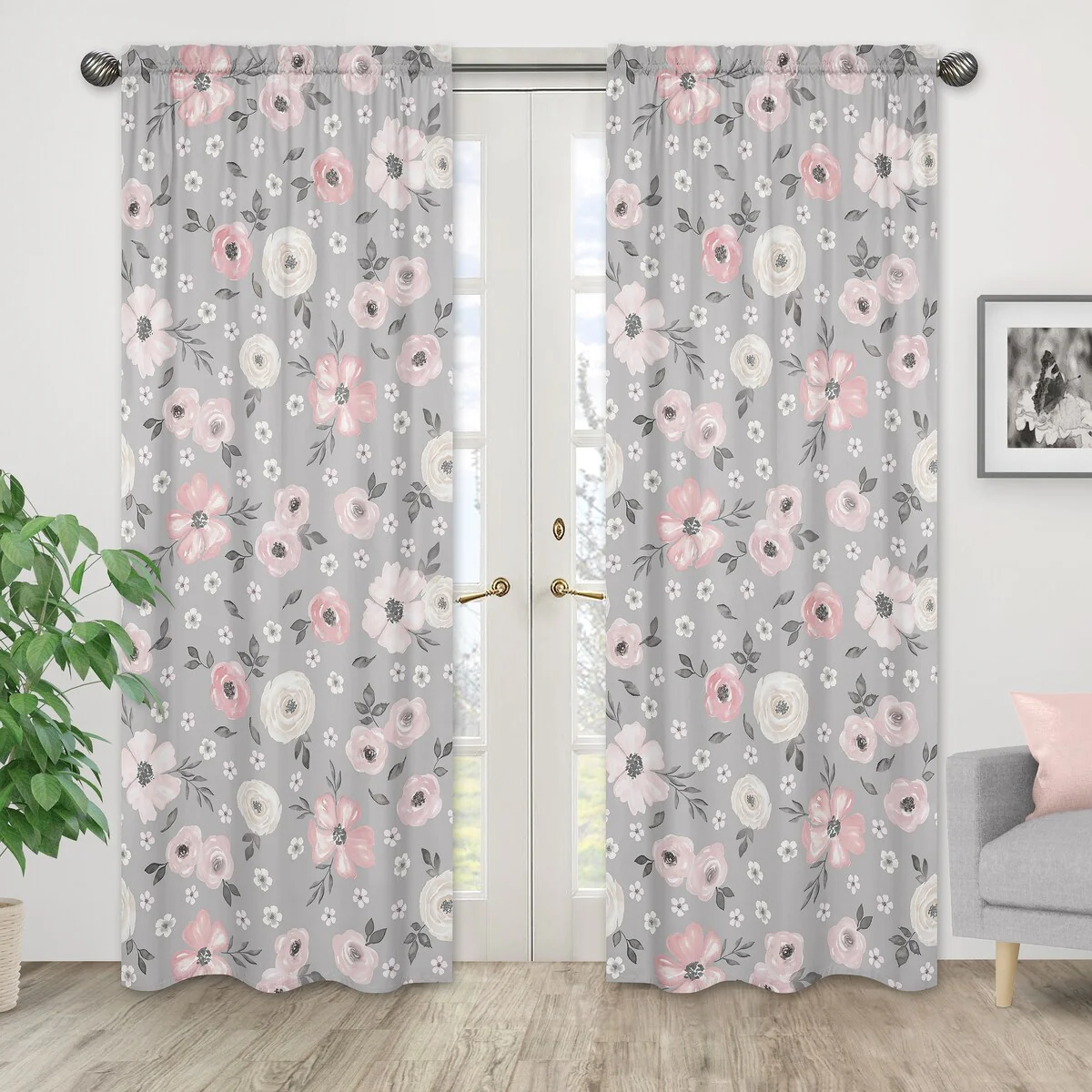Grey Watercolor Floral 84-inch Window Treatment Curtain Panel Pair - Blush Pink Gray White Shabby Chic Rose Flower Farmhouse