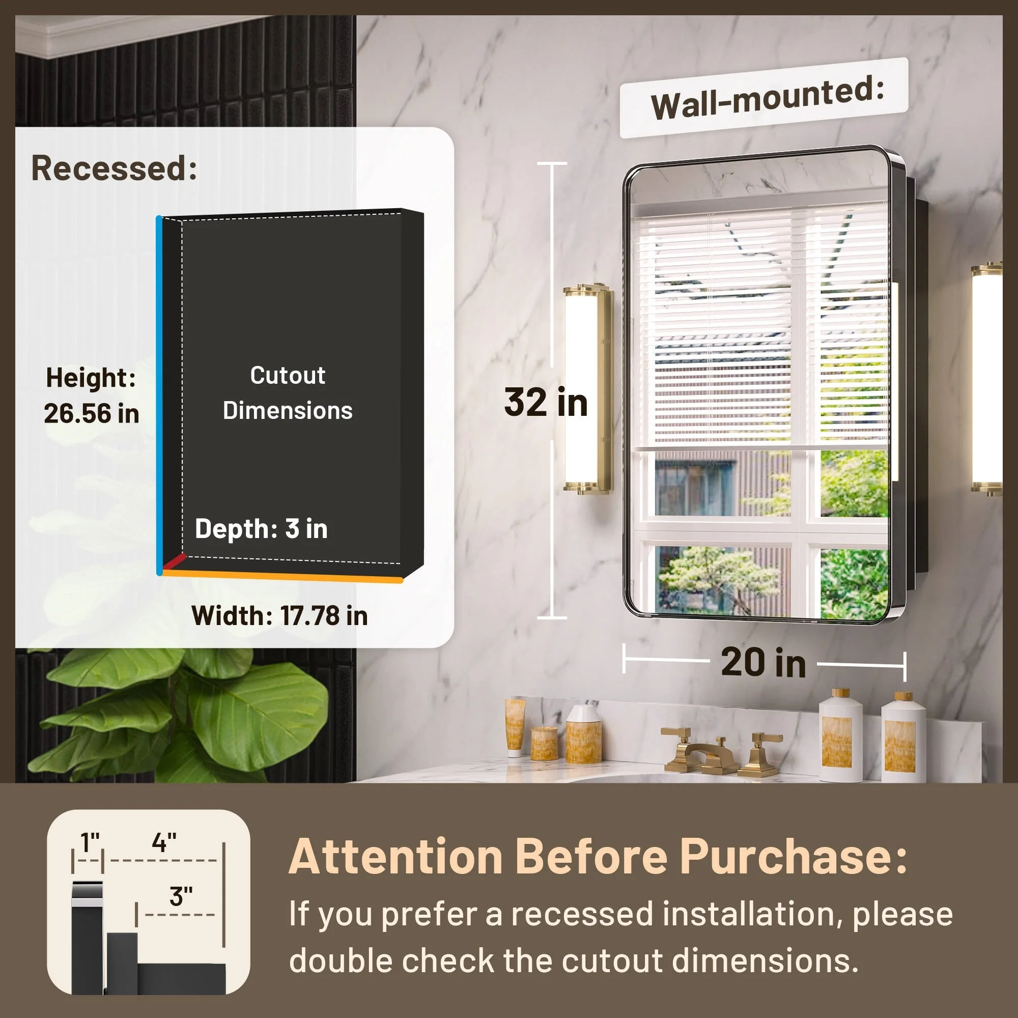 KEONJINN Medicine Cabinets for Bathroom with Mirror, Stainless Steel 1-3 Framed Doors