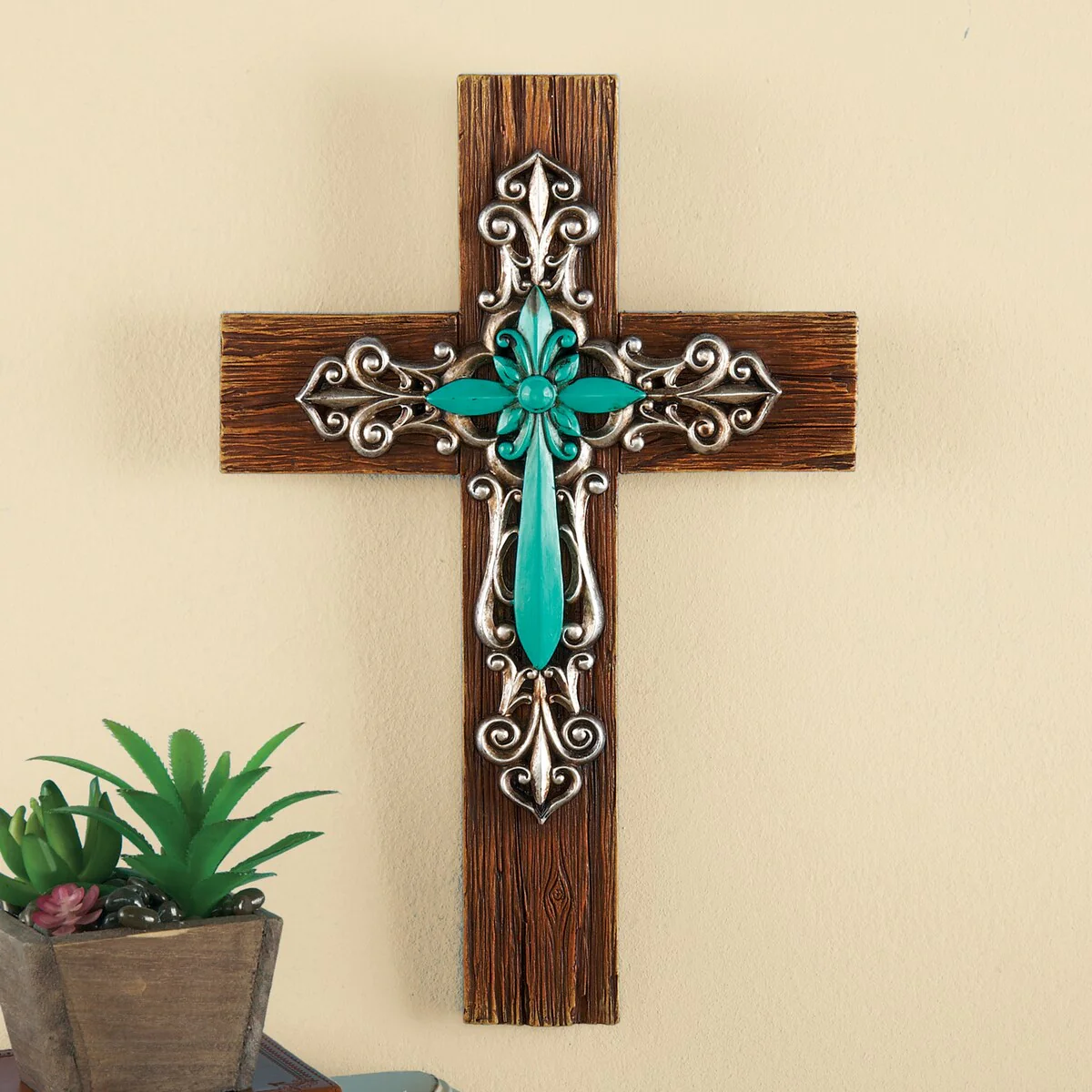 Wood Grain Texture Turquoise Scrolling Silver Wall Cross