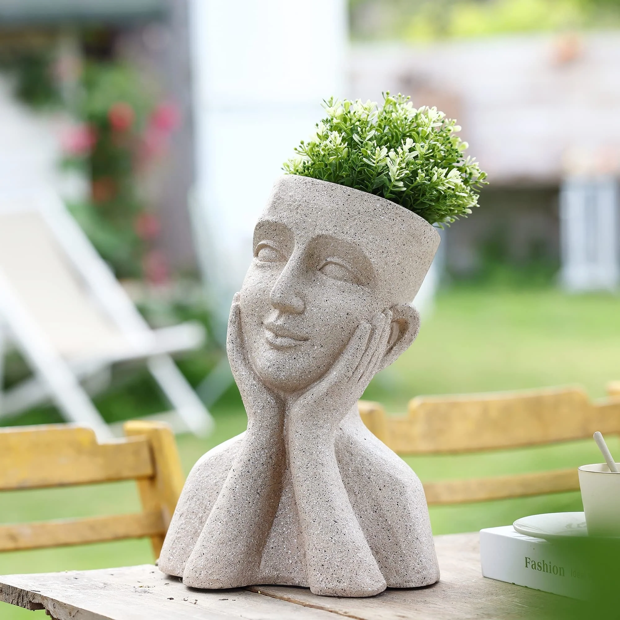 Speckled Beige MgO Happy Bust Head Indoor/Outdoor Statue Planter